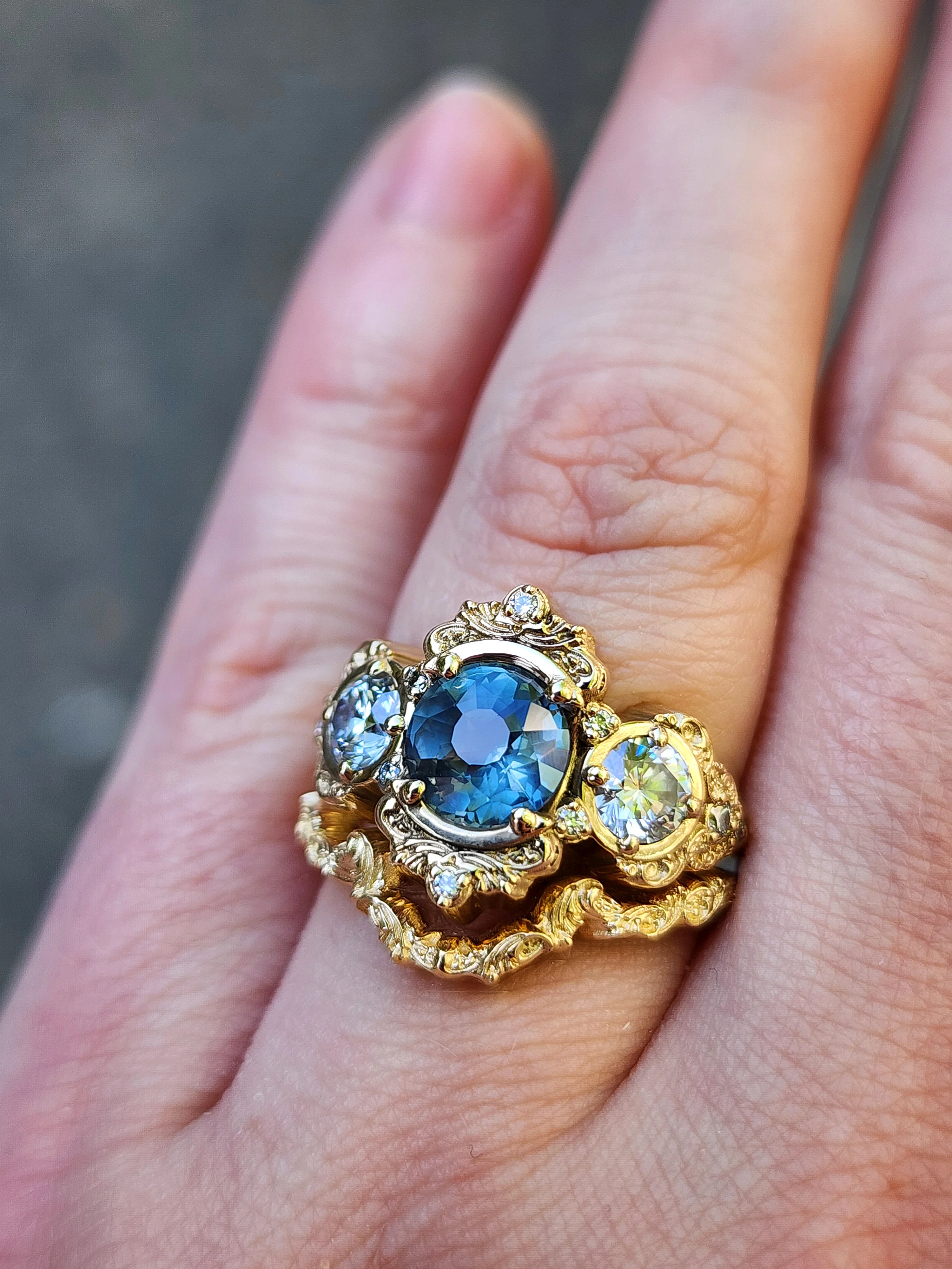 Ready to Ship Size 6-8 Montana Sapphire Georgette Engagement Ring Set for with Filigree Wedding Band - 14k Yellow Gold - Image 10