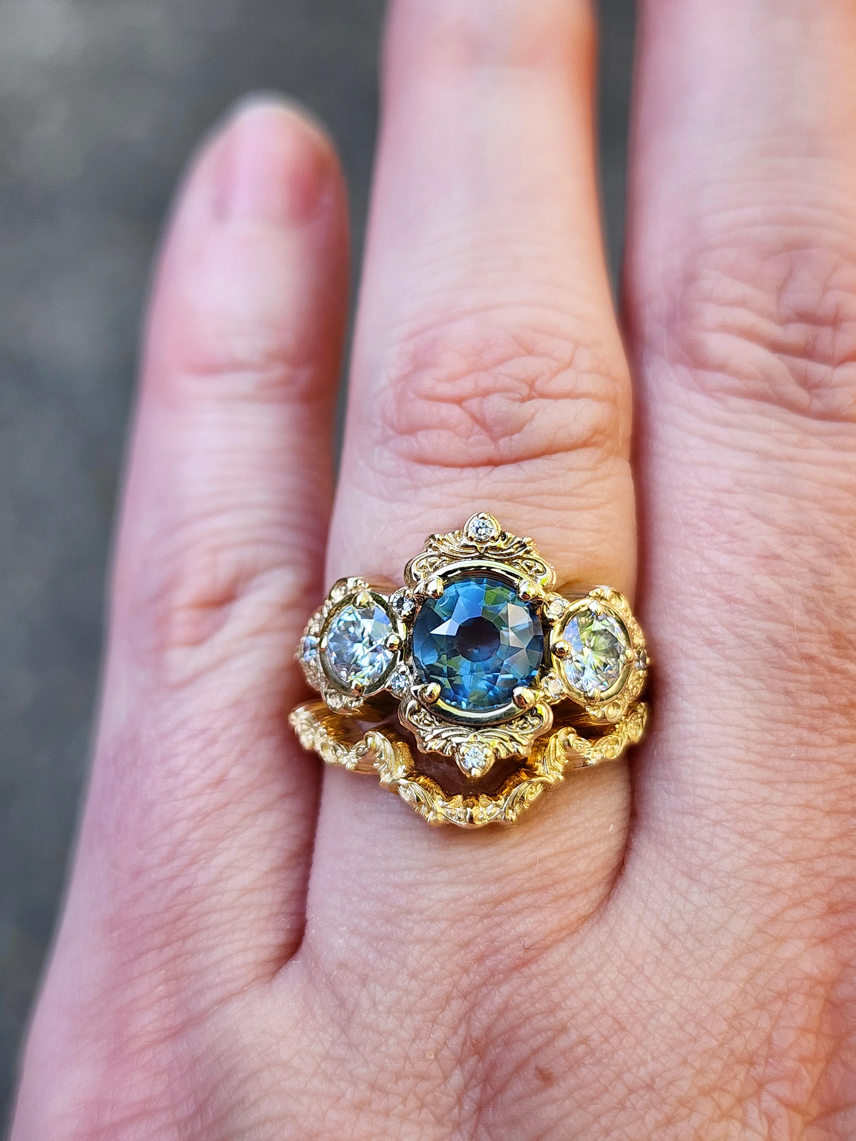 Ready to Ship Size 6-8 Montana Sapphire Georgette Engagement Ring Set for with Filigree Wedding Band - 14k Yellow Gold - Image 13