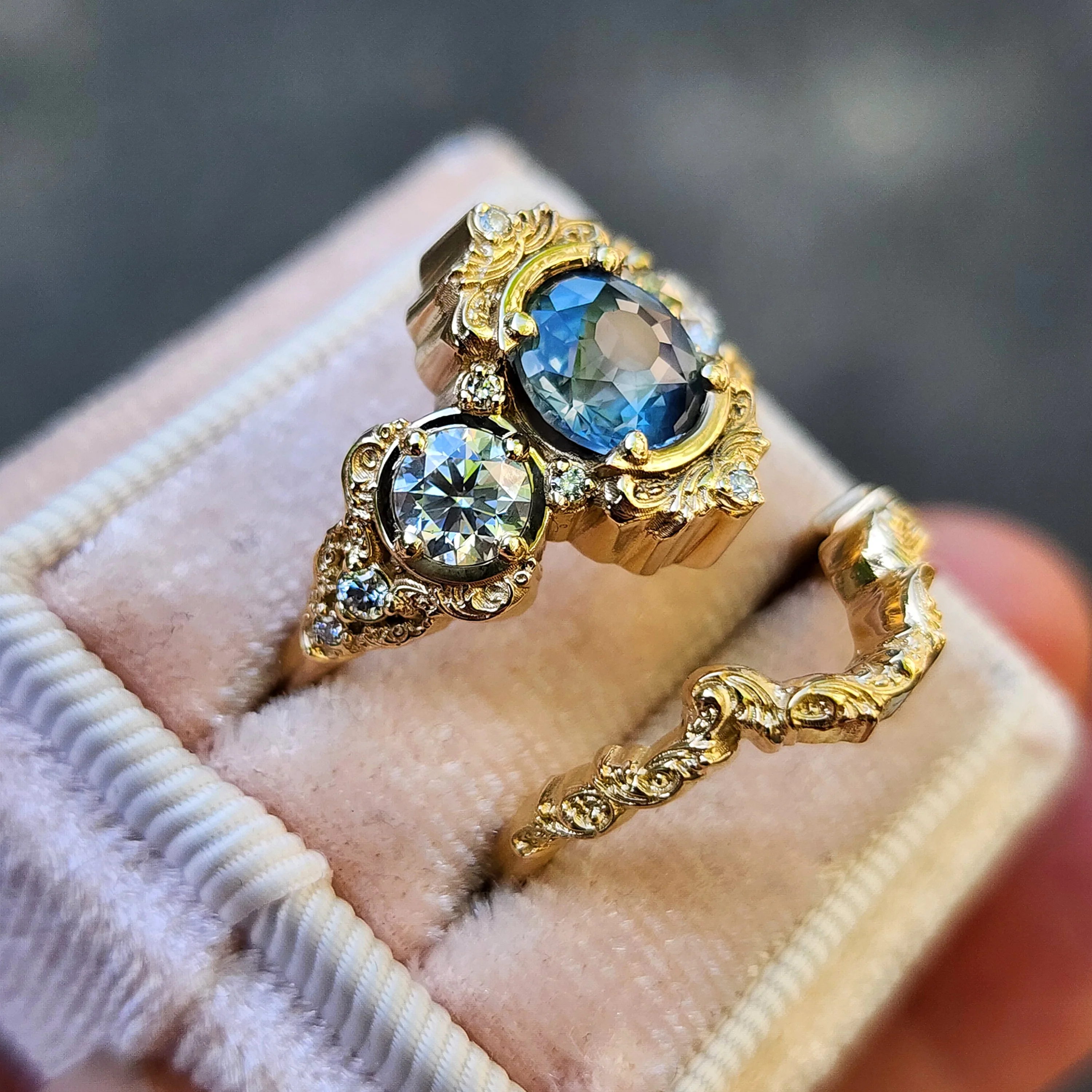 Ready to Ship Size 6-8 Montana Sapphire Georgette Engagement Ring Set for with Filigree Wedding Band - 14k Yellow Gold - Image 7
