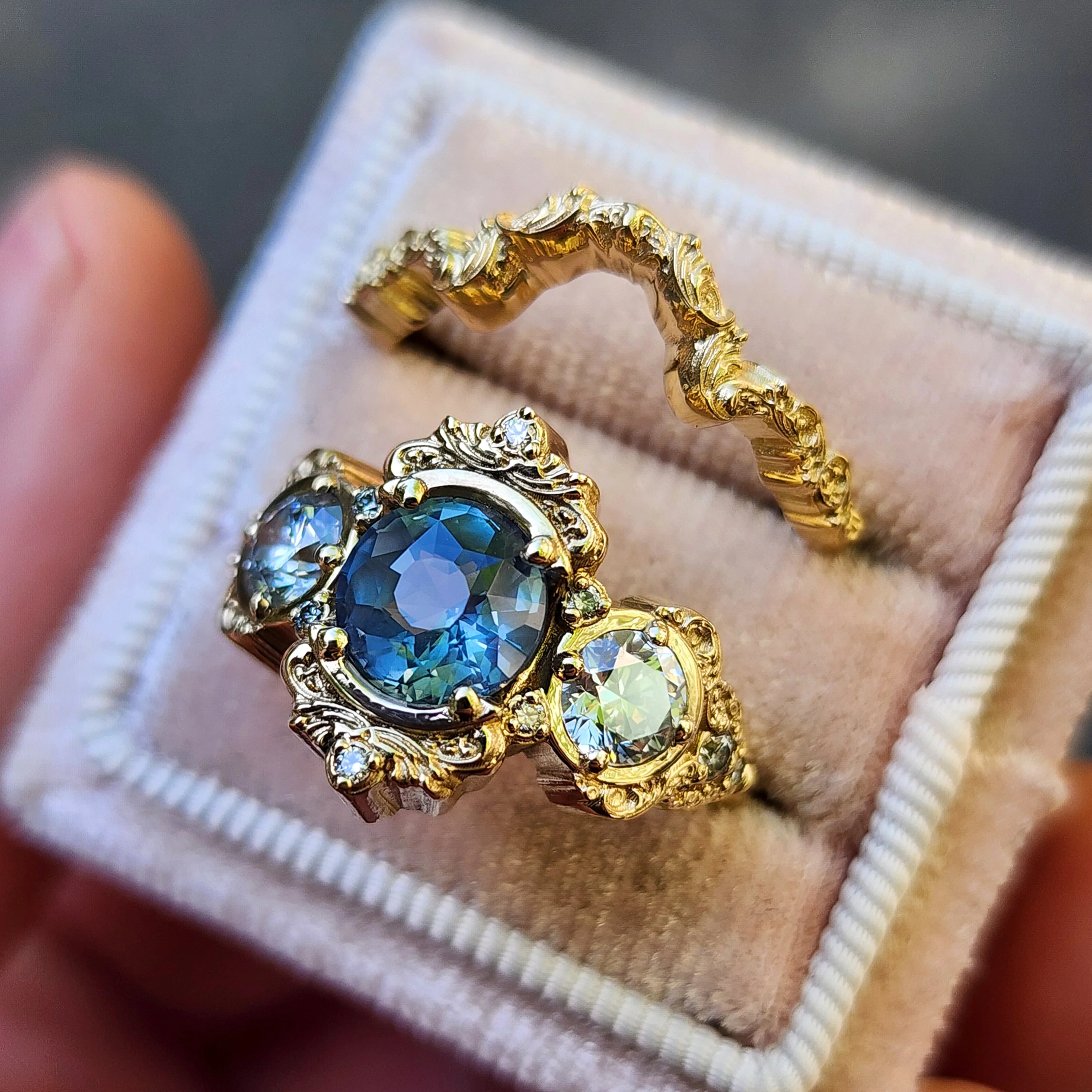 Ready to Ship Size 6-8 Montana Sapphire Georgette Engagement Ring Set for with Filigree Wedding Band - 14k Yellow Gold - Image 3