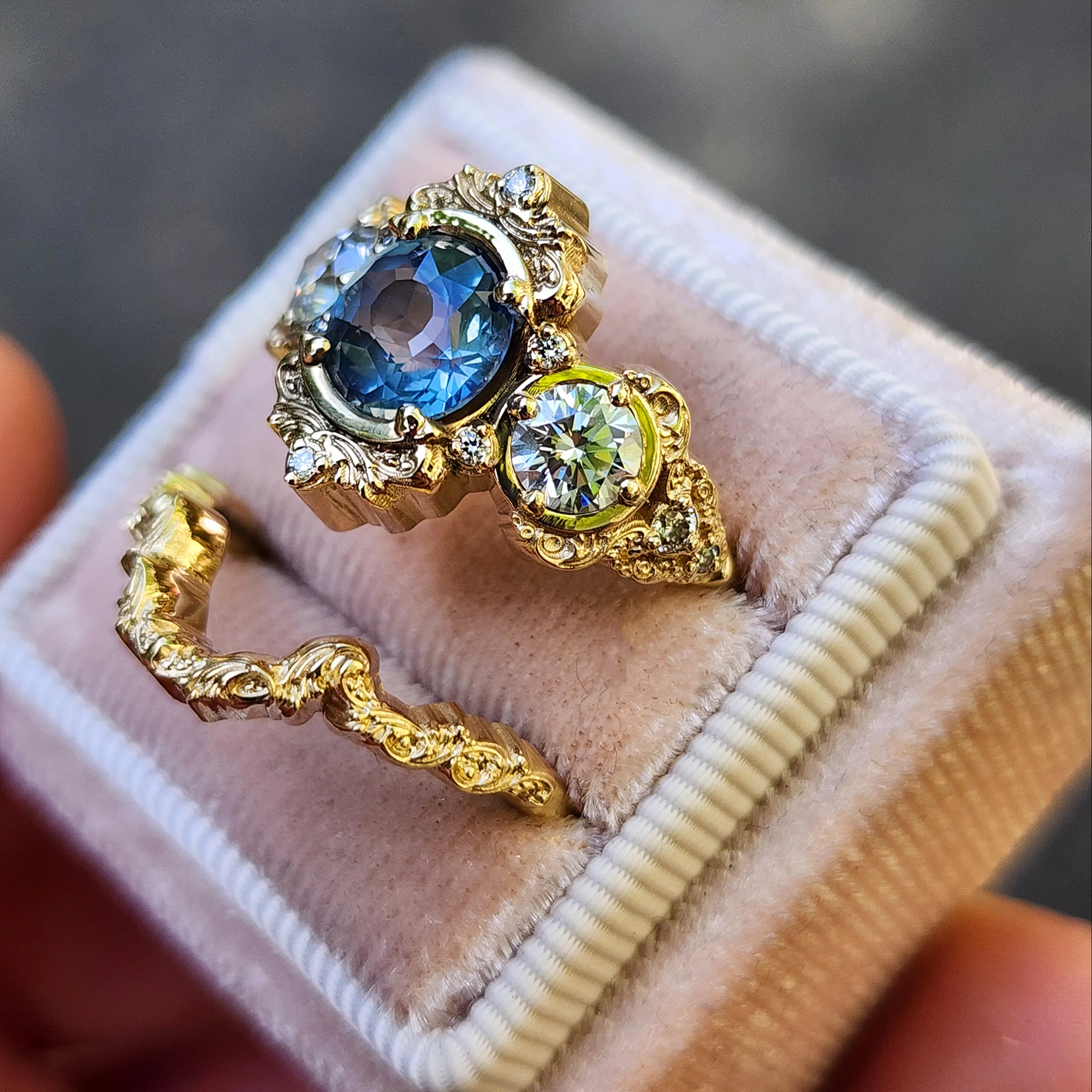 Ready to Ship Size 6-8 Montana Sapphire Georgette Engagement Ring Set for with Filigree Wedding Band - 14k Yellow Gold - Image 4