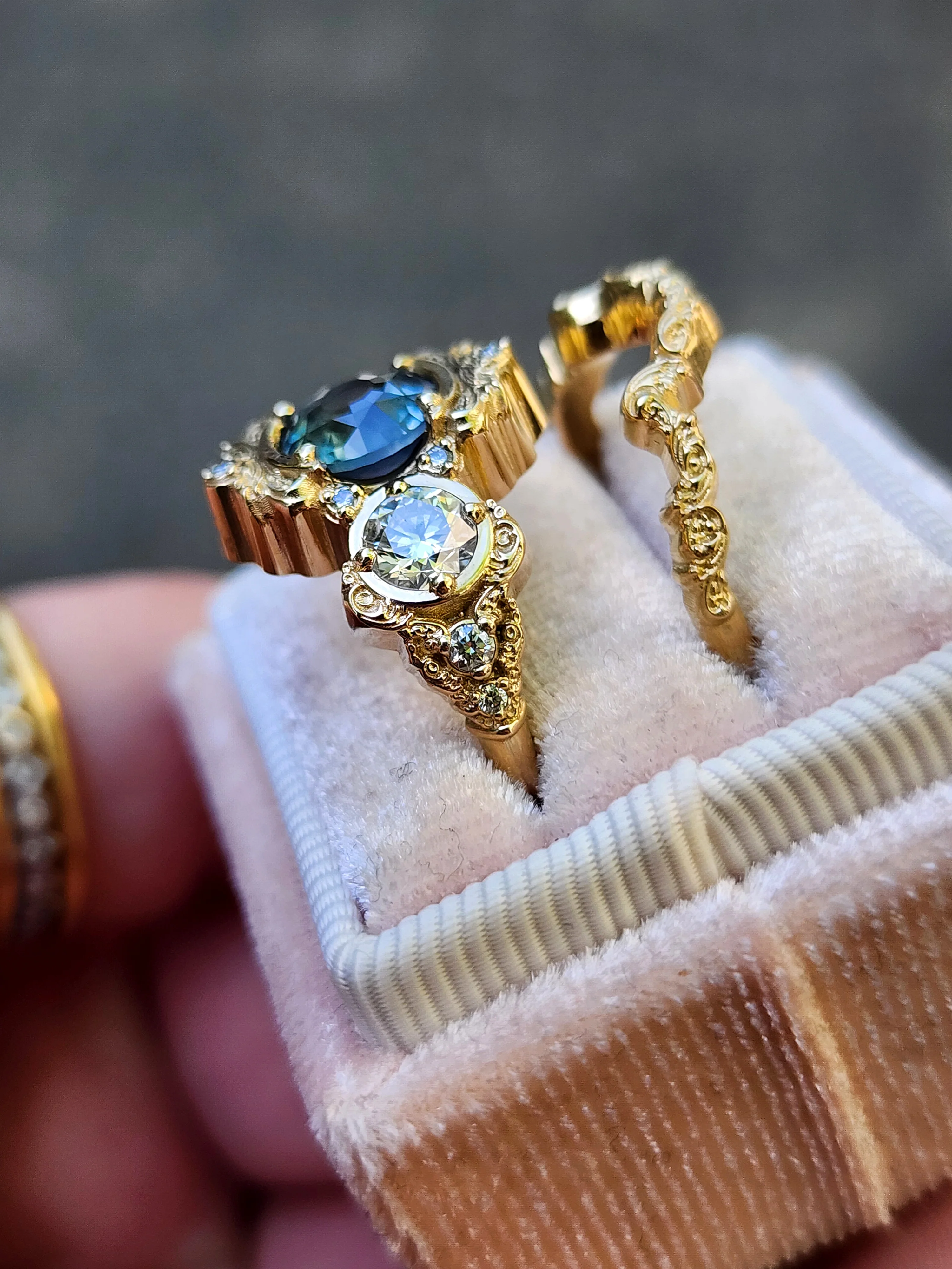 Ready to Ship Size 6-8 Montana Sapphire Georgette Engagement Ring Set for with Filigree Wedding Band - 14k Yellow Gold - Image 8