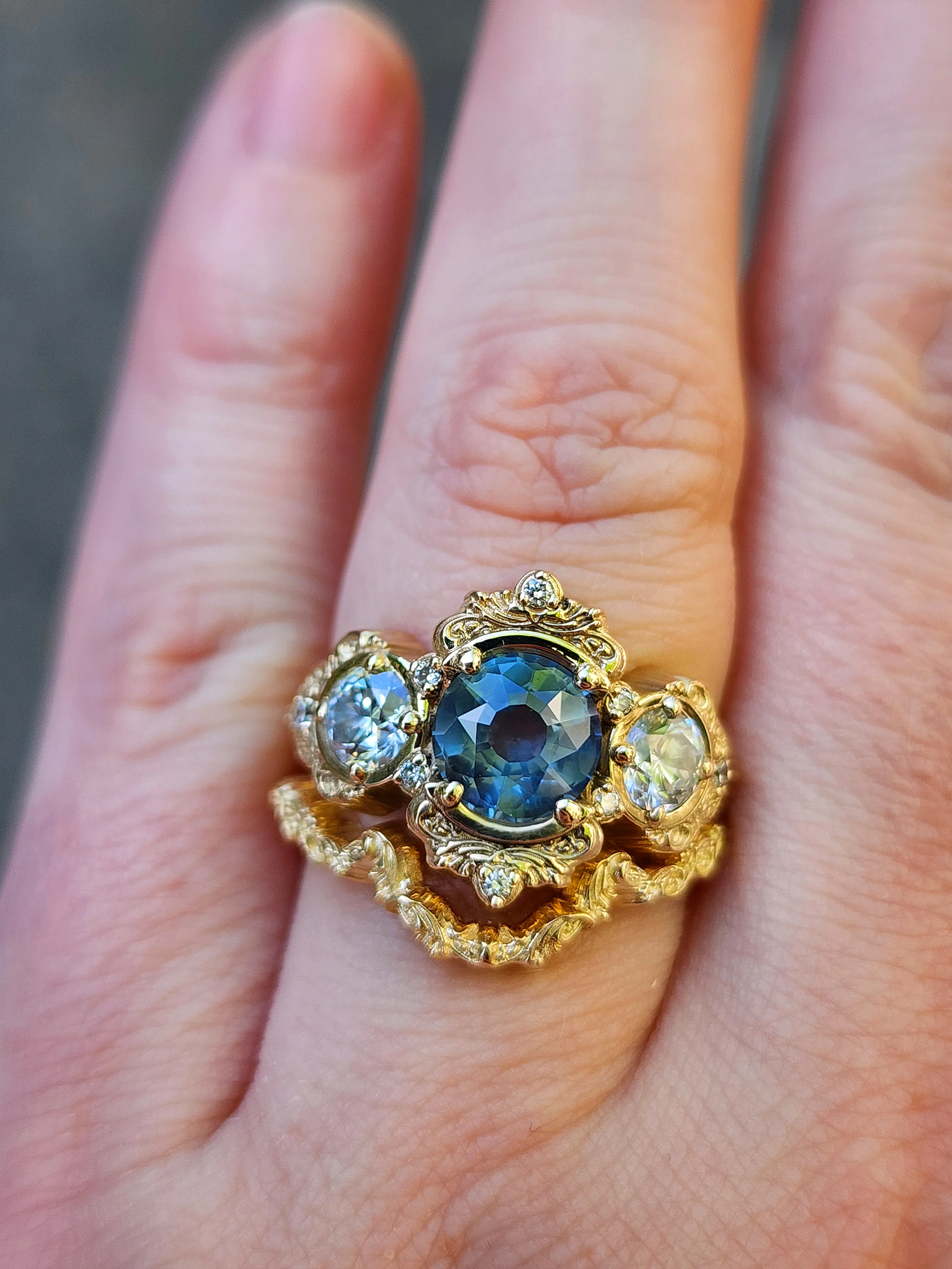 Ready to Ship Size 6-8 Montana Sapphire Georgette Engagement Ring Set for with Filigree Wedding Band - 14k Yellow Gold - Image 9