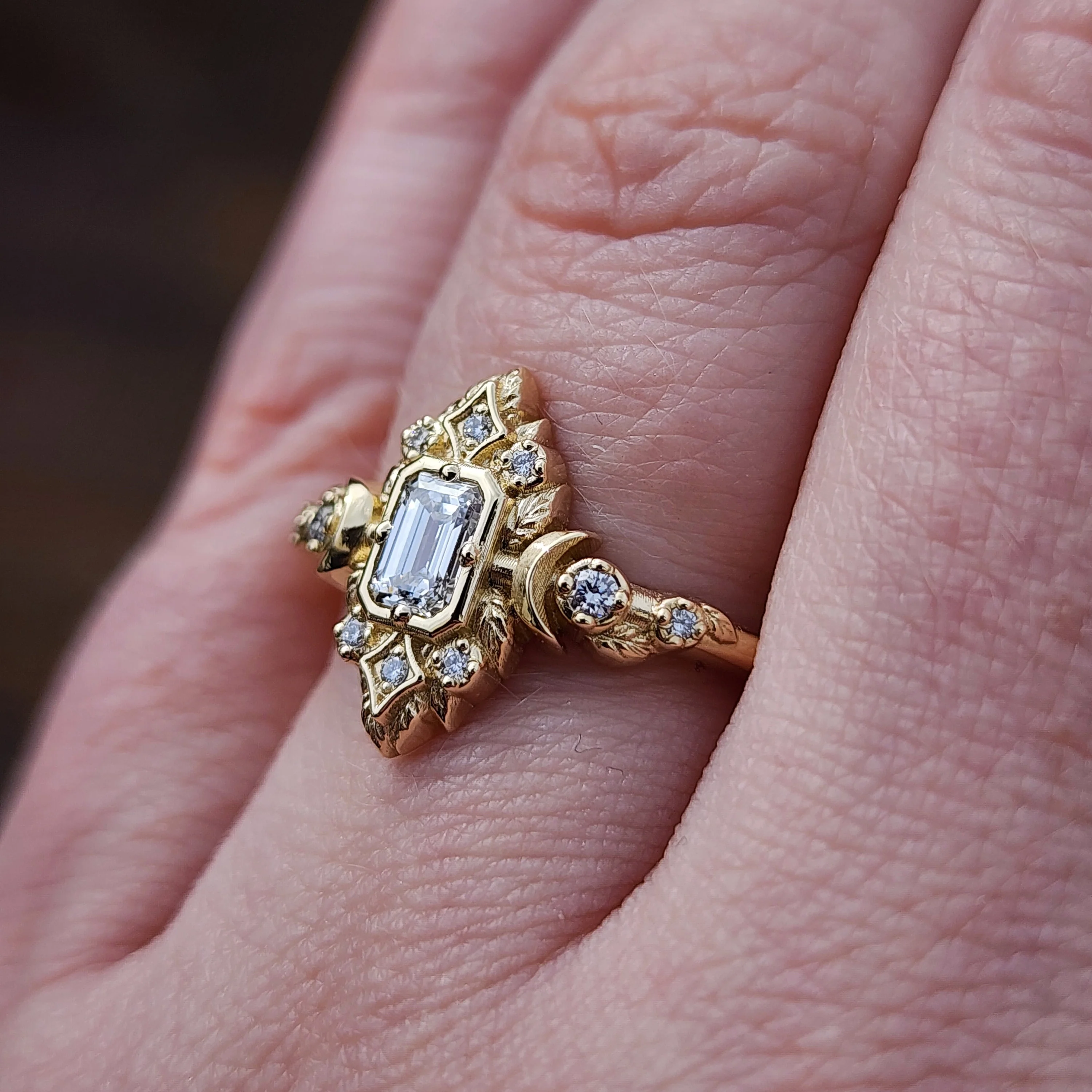 Ready to Ship Size 6 - 8 Nox Garden Emerald Cut Natural Diamond Leaf Ring - Image 11
