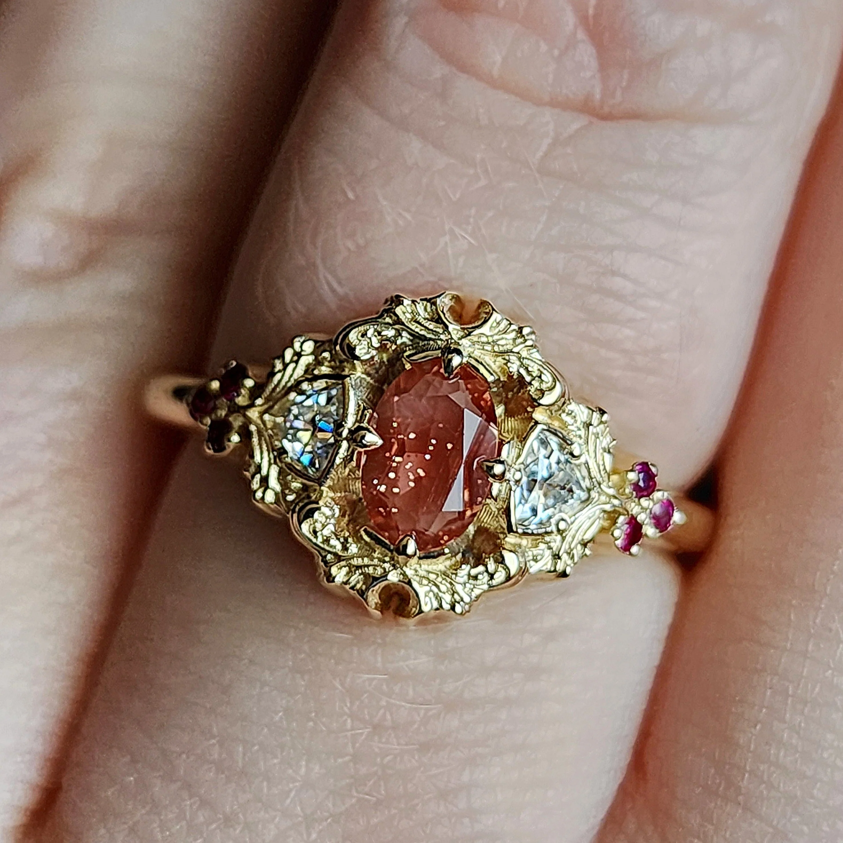 *Setting Only* Ophelia Delicate Filigree Engagement Ring with Trillions and Rubies 14k Gold - Image 5