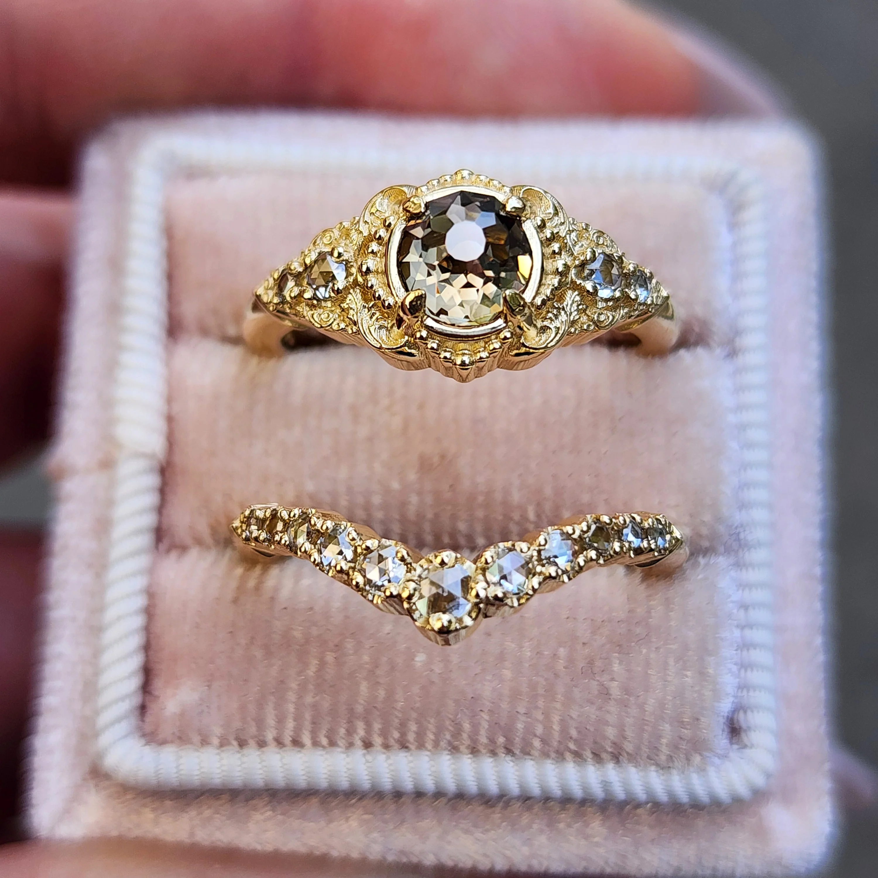Ready to Ship Size 6-8 Oread Champagne Mughal Cut Diamond Engagement Ring Set - Delicate Filigree 14k Yellow Gold - Image 11