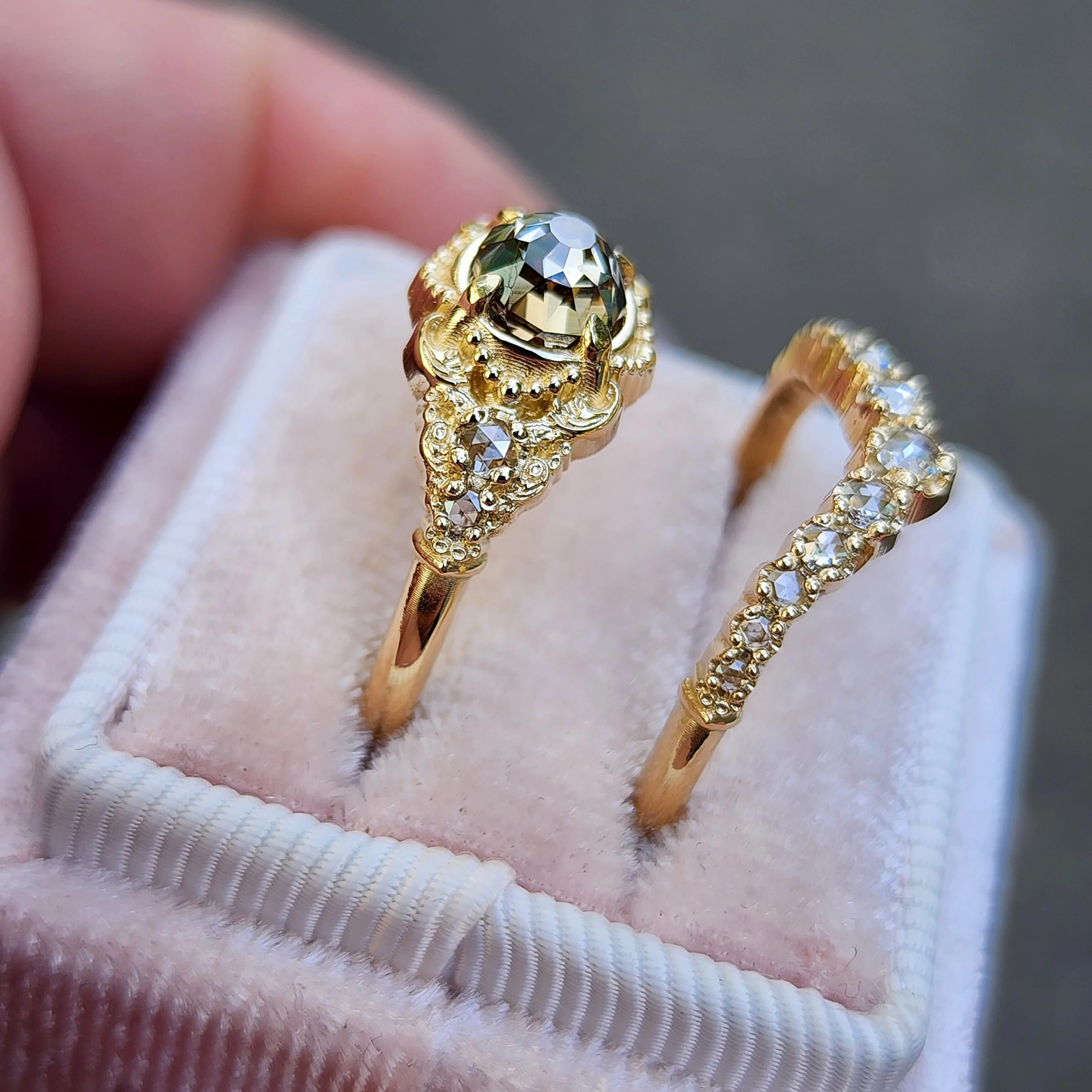 Ready to Ship Size 6-8 Oread Champagne Mughal Cut Diamond Engagement Ring Set - Delicate Filigree 14k Yellow Gold - Image 12