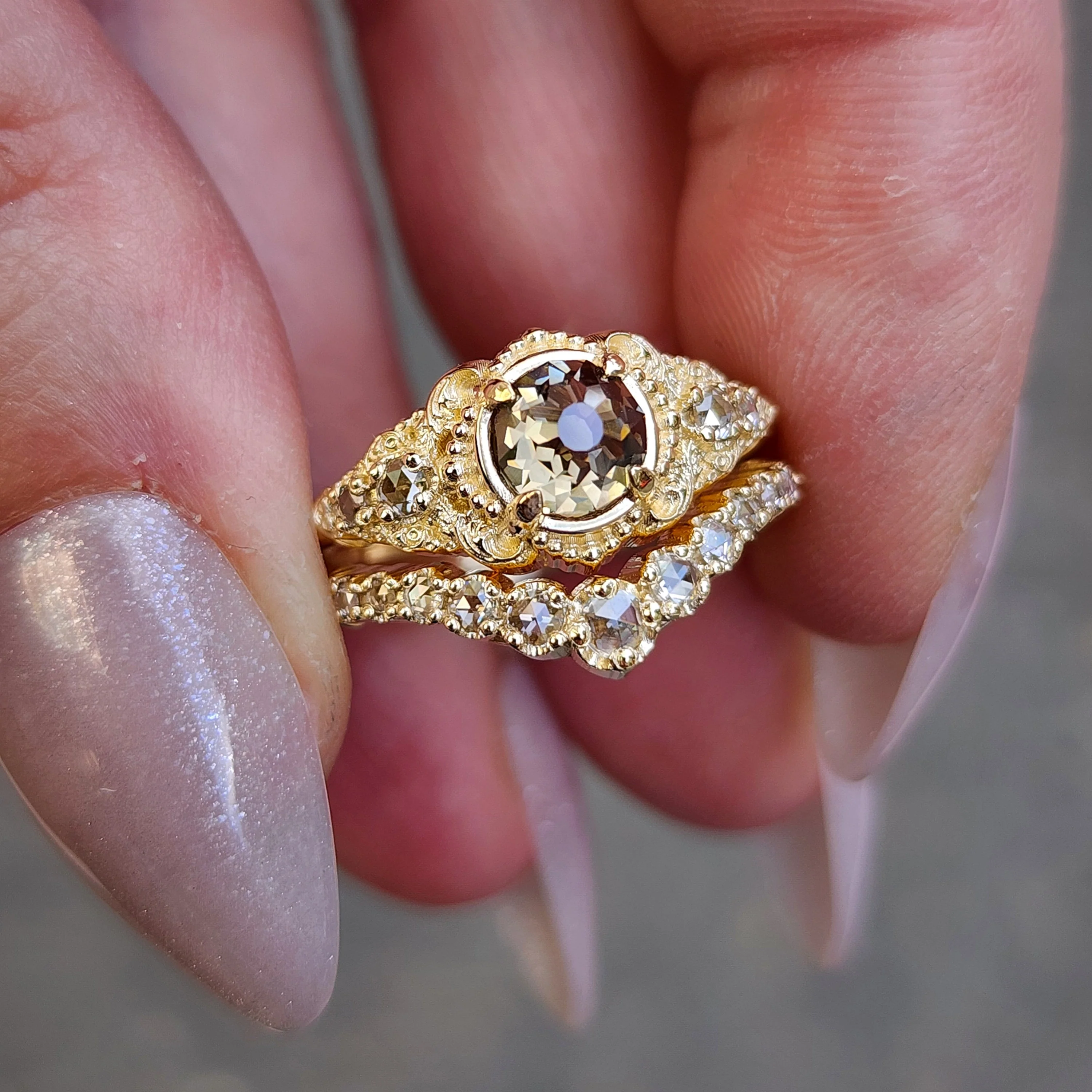 Ready to Ship Size 6-8 Oread Champagne Mughal Cut Diamond Engagement Ring Set - Delicate Filigree 14k Yellow Gold - Image 13