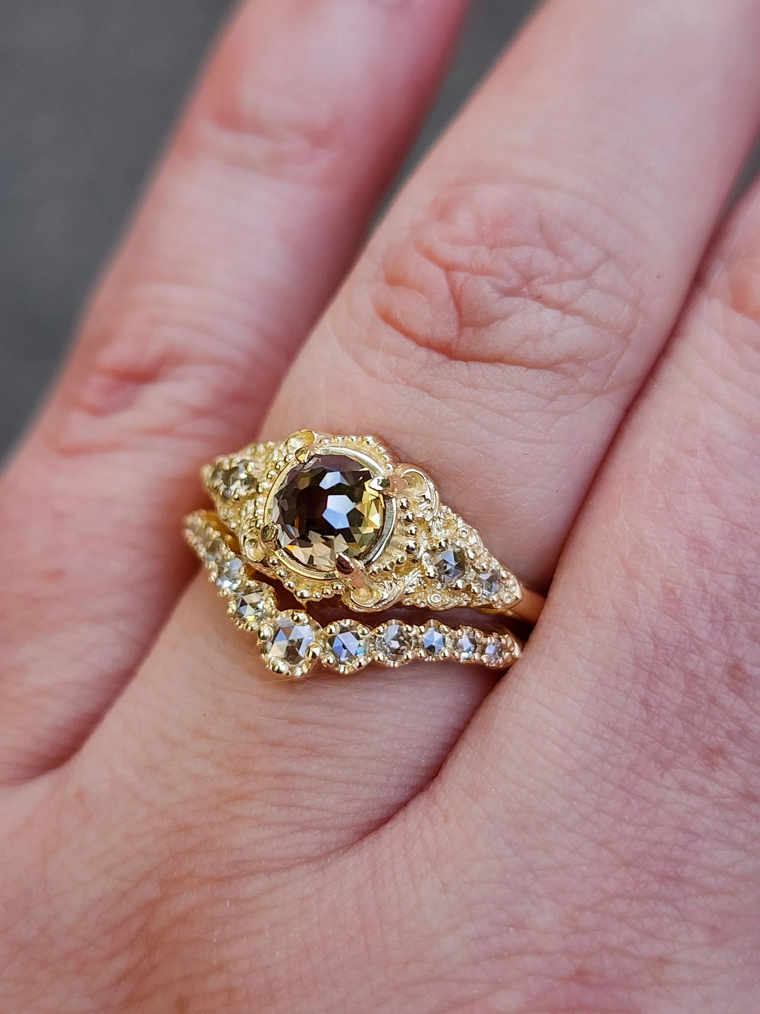 Ready to Ship Size 6-8 Oread Champagne Mughal Cut Diamond Engagement Ring Set - Delicate Filigree 14k Yellow Gold - Image 17