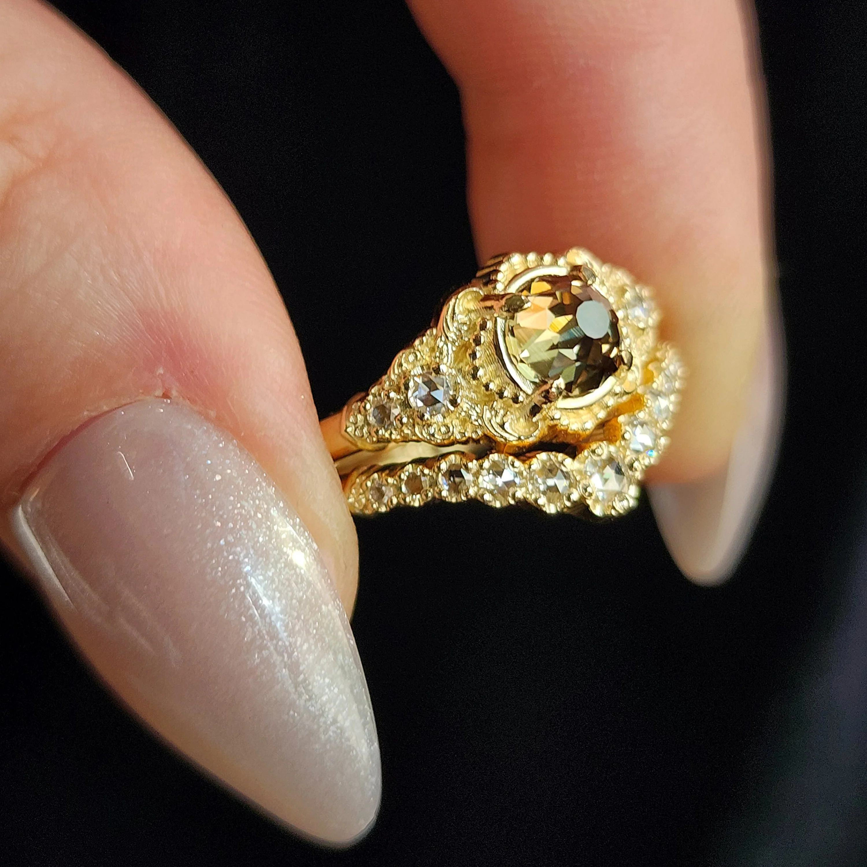 Ready to Ship Size 6-8 Oread Champagne Mughal Cut Diamond Engagement Ring Set - Delicate Filigree 14k Yellow Gold - Image 5