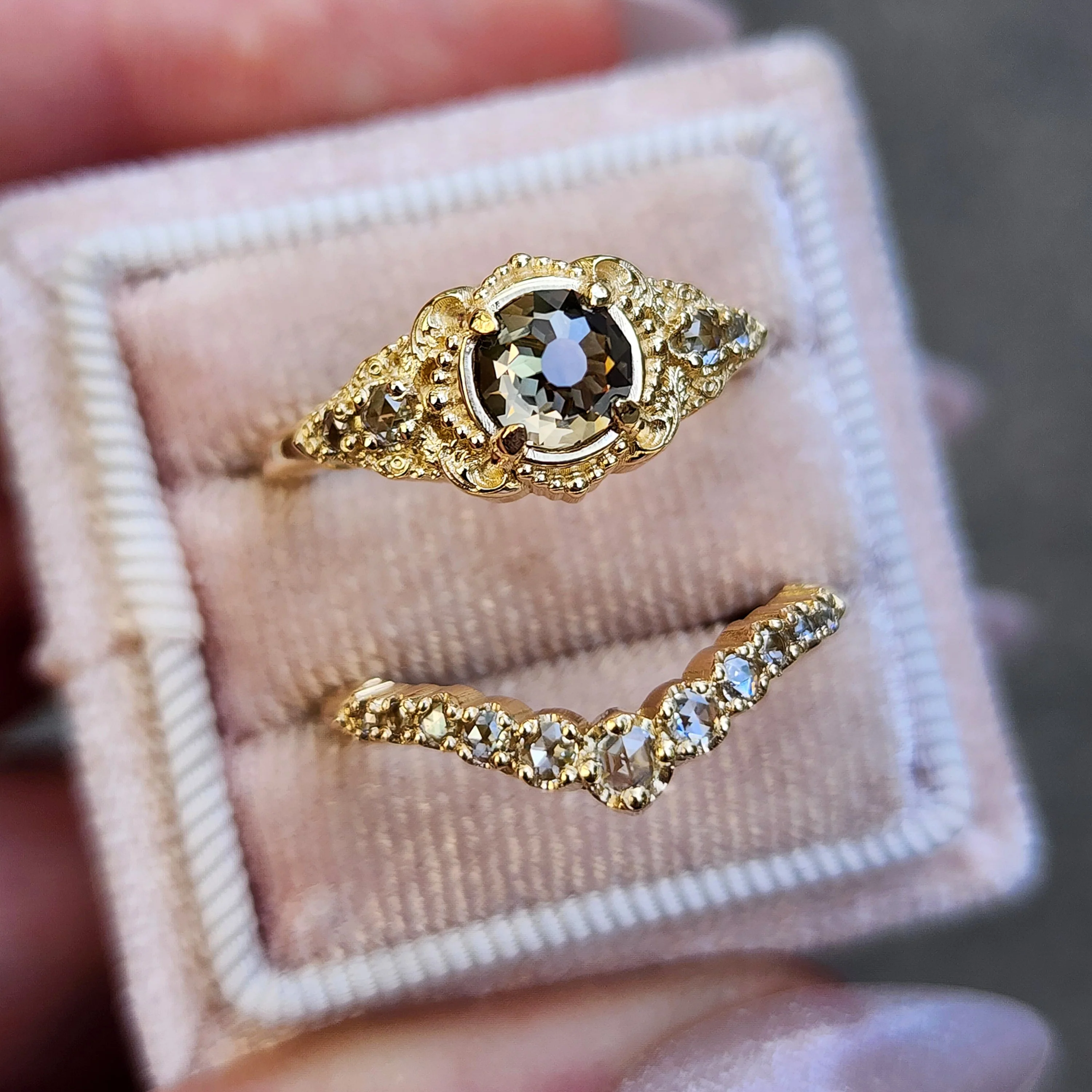 Ready to Ship Size 6-8 Oread Champagne Mughal Cut Diamond Engagement Ring Set - Delicate Filigree 14k Yellow Gold - Image 6
