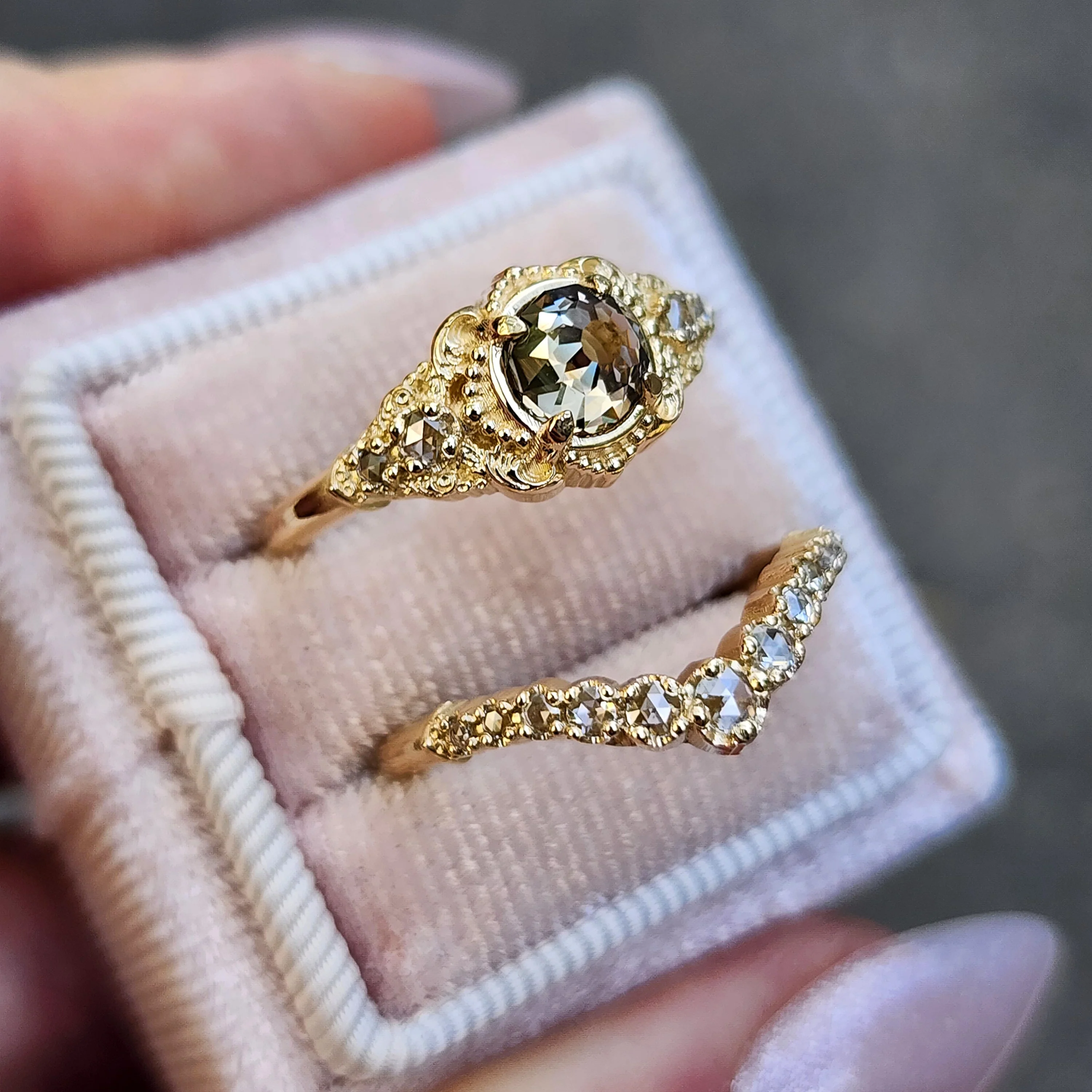 Ready to Ship Size 6-8 Oread Champagne Mughal Cut Diamond Engagement Ring Set - Delicate Filigree 14k Yellow Gold - Image 7