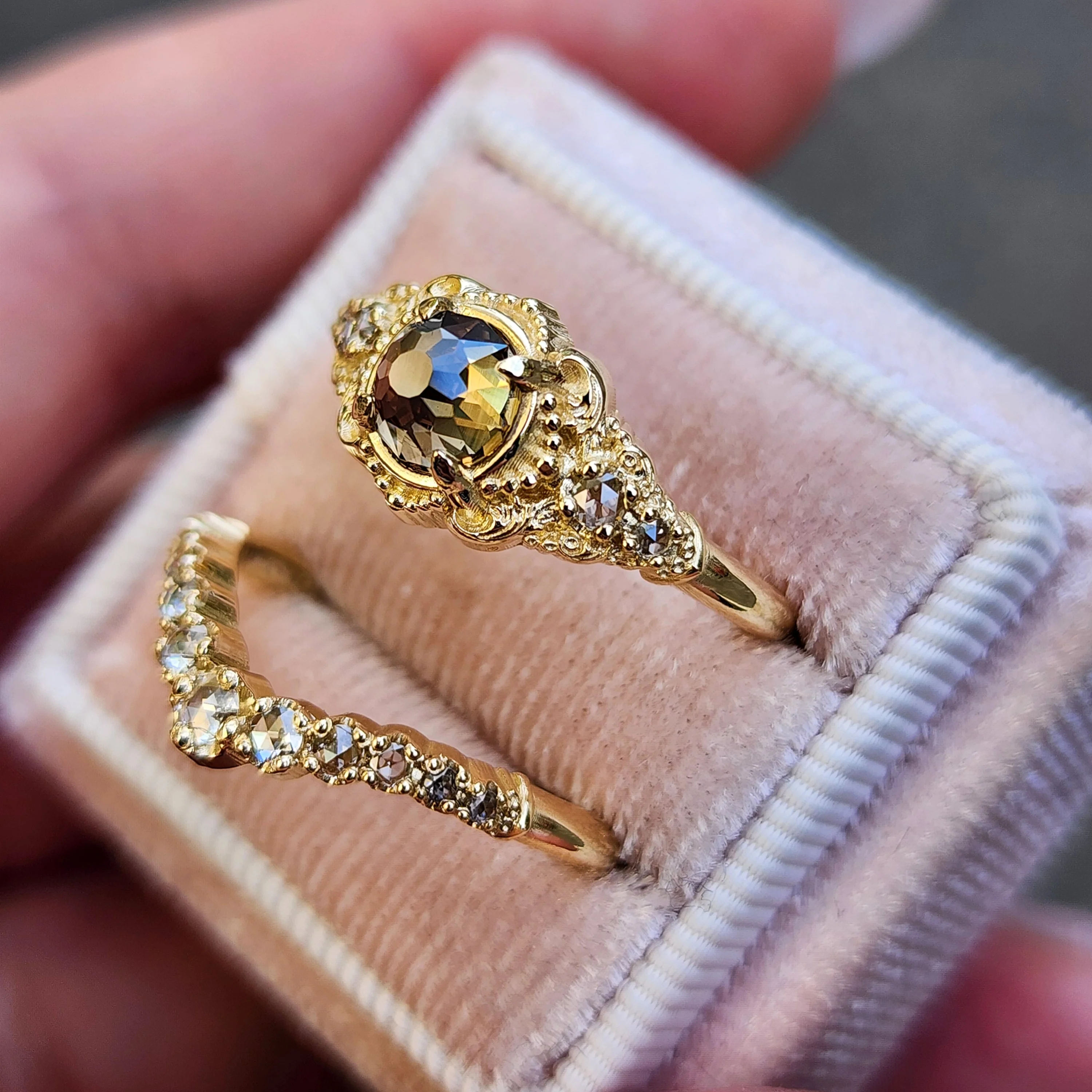 Ready to Ship Size 6-8 Oread Champagne Mughal Cut Diamond Engagement Ring Set - Delicate Filigree 14k Yellow Gold - Image 8