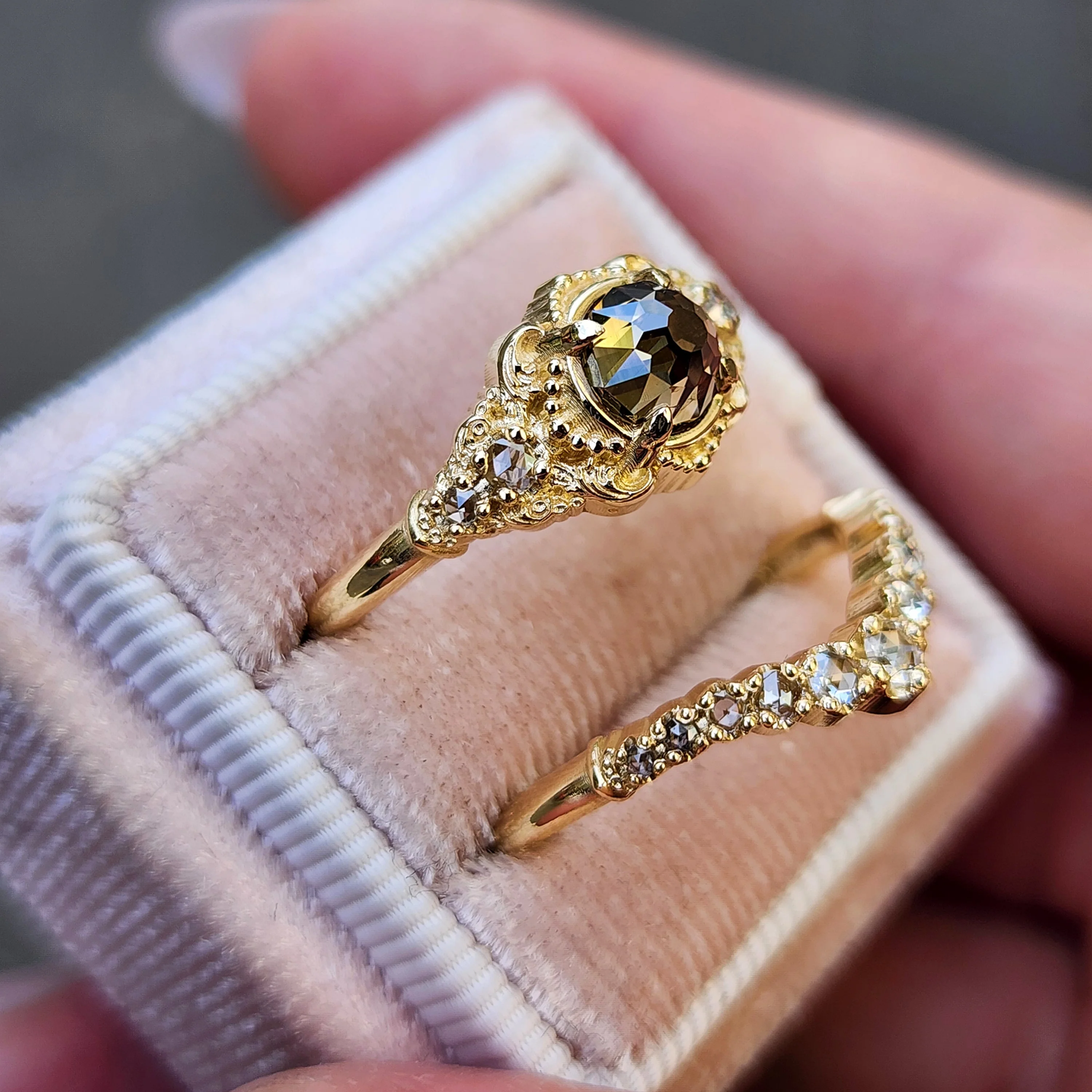 Ready to Ship Size 6-8 Oread Champagne Mughal Cut Diamond Engagement Ring Set - Delicate Filigree 14k Yellow Gold - Image 9