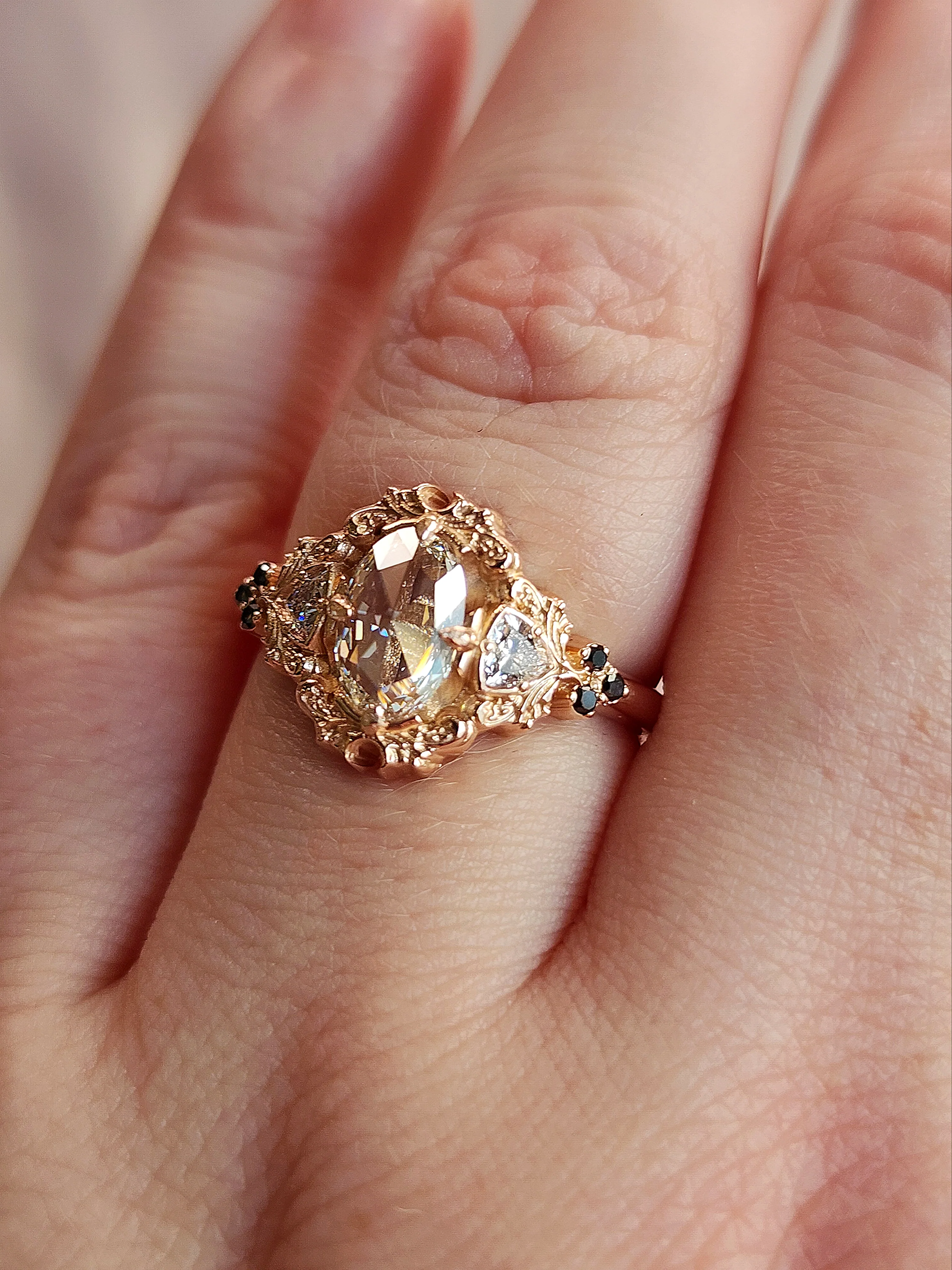 *Setting Only* Ophelia Delicate Filigree Engagement Ring with Trillion Black Diamonds 14k Gold - Image 5