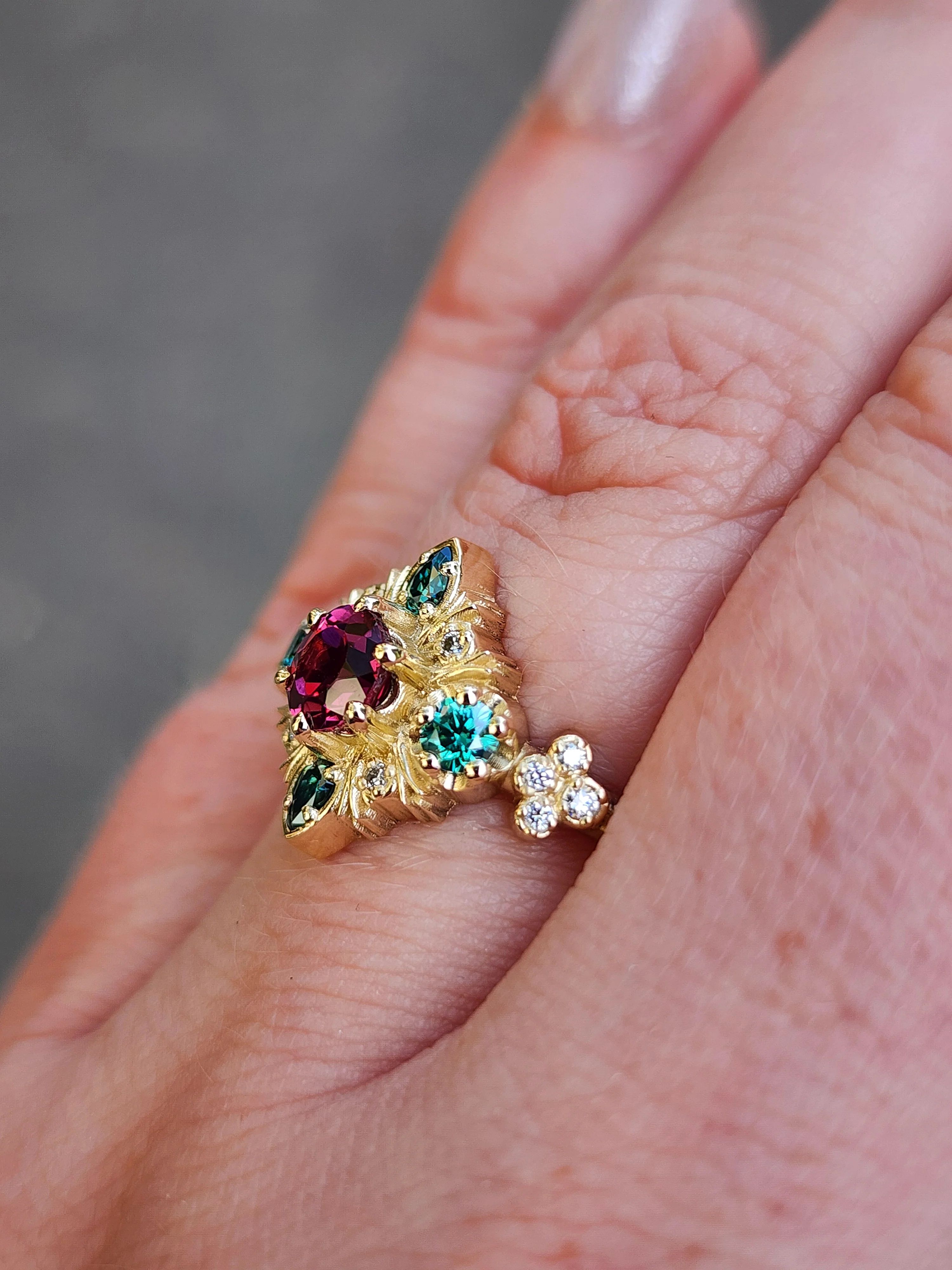Thorn Haven Rhodolite Garnet Ring - Nature Inspired with Green Moissanite - Image 14