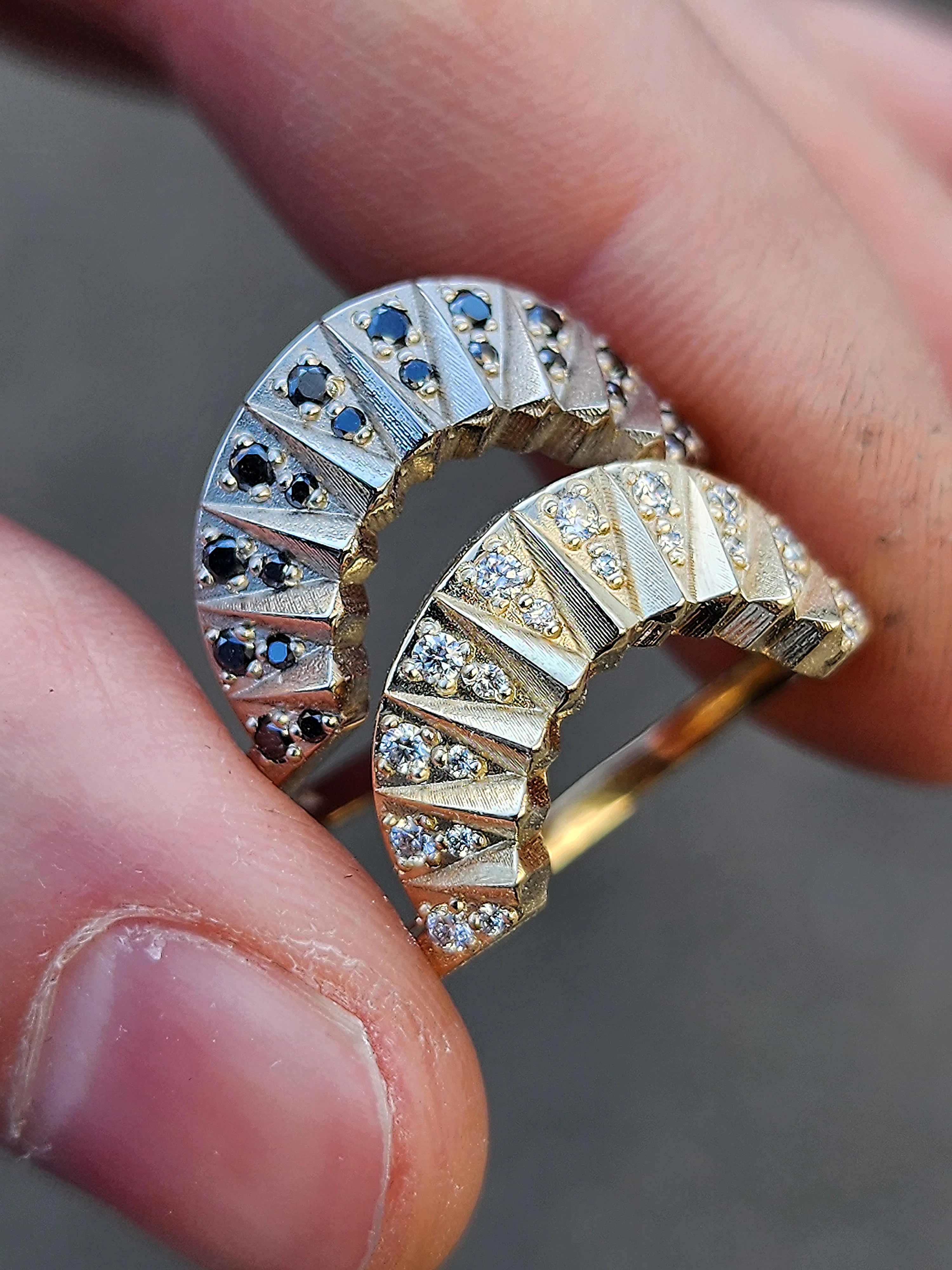 Short Sunrise Ring Wedding Band with Sun Rays and Diamonds - Modern Fine Jewelry - Black or White Diamonds - Stacking Gold Ring Celestial - Image 12