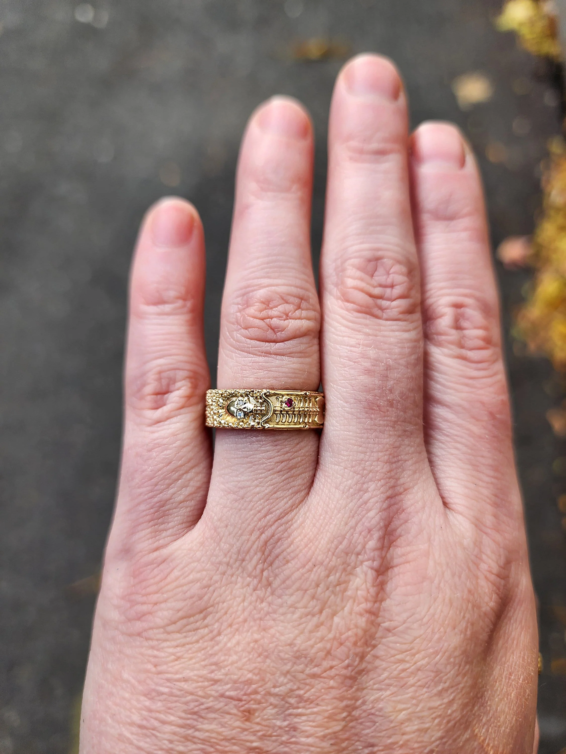 Skeleton Wedding Band with Diamond Eyes and Ruby Heart - 14k Yellow Gold - Memento Mori Modern Mourning Jewelry - Till Death Do Us Part - Image 10