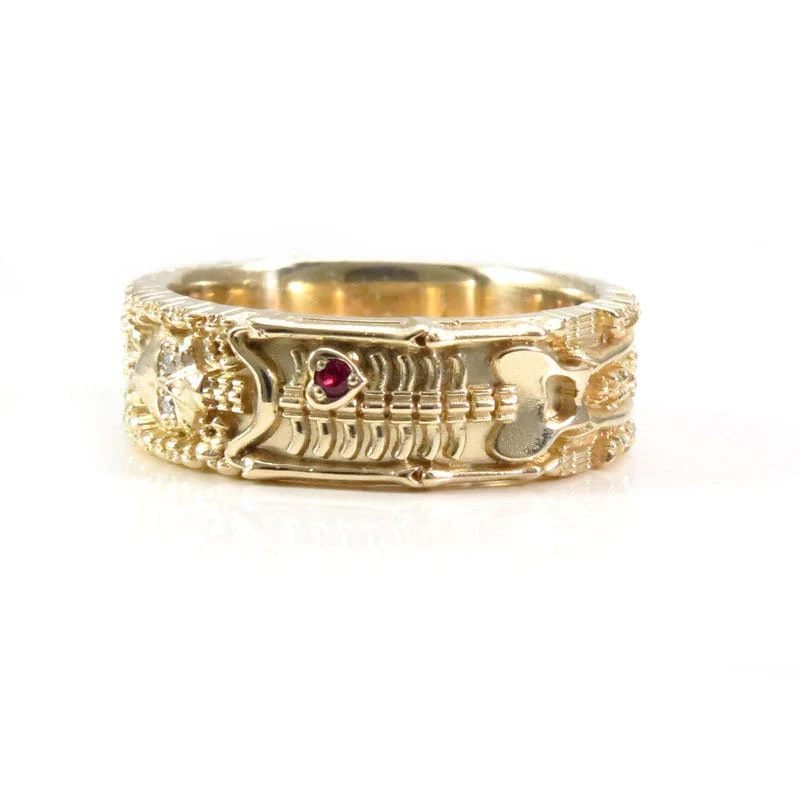 Skeleton Wedding Band with Diamond Eyes and Ruby Heart - 14k Yellow Gold - Memento Mori Modern Mourning Jewelry - Till Death Do Us Part - Image 3