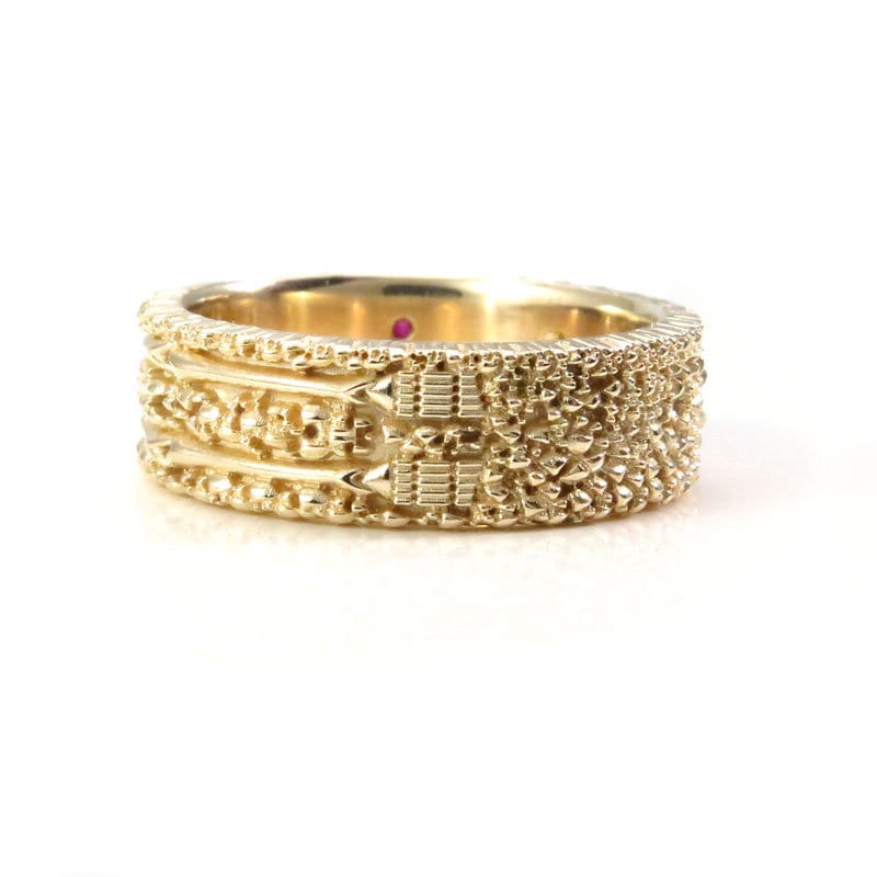 Skeleton Wedding Band with Diamond Eyes and Ruby Heart - 14k Yellow Gold - Memento Mori Modern Mourning Jewelry - Till Death Do Us Part - Image 8