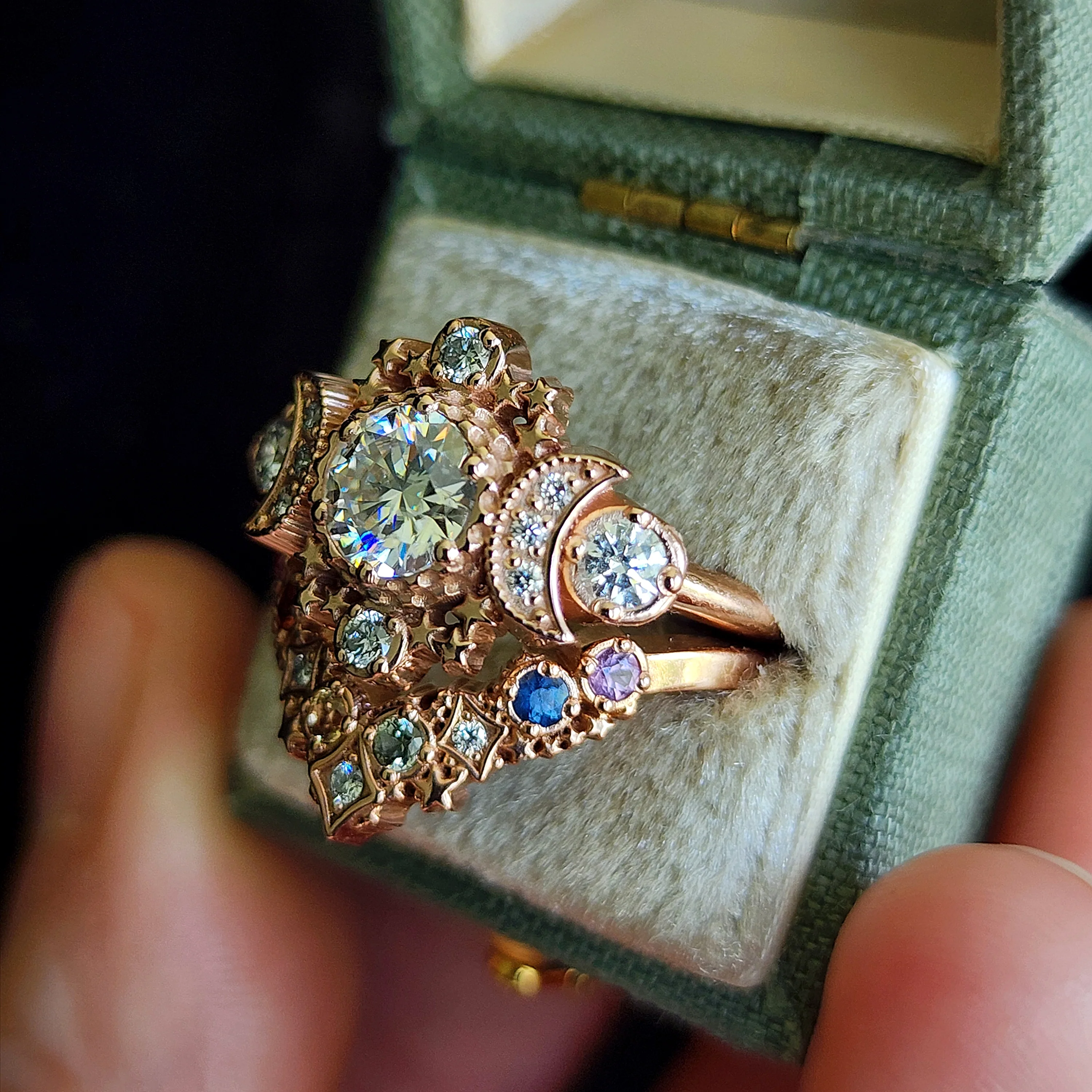 Size 4.5-6.5 14k Rose Gold Moissanite Cosmos Engagement Ring with Rainbow Sapphire Stardust Chevron - Image 6
