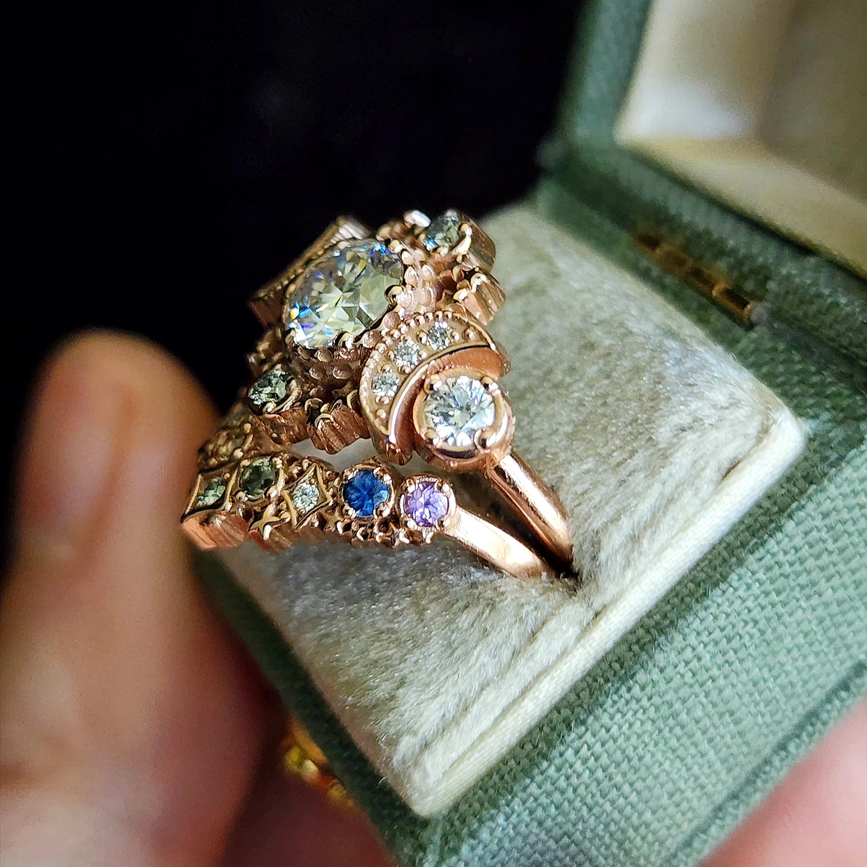 Size 4.5-6.5 14k Rose Gold Moissanite Cosmos Engagement Ring with Rainbow Sapphire Stardust Chevron - Image 8