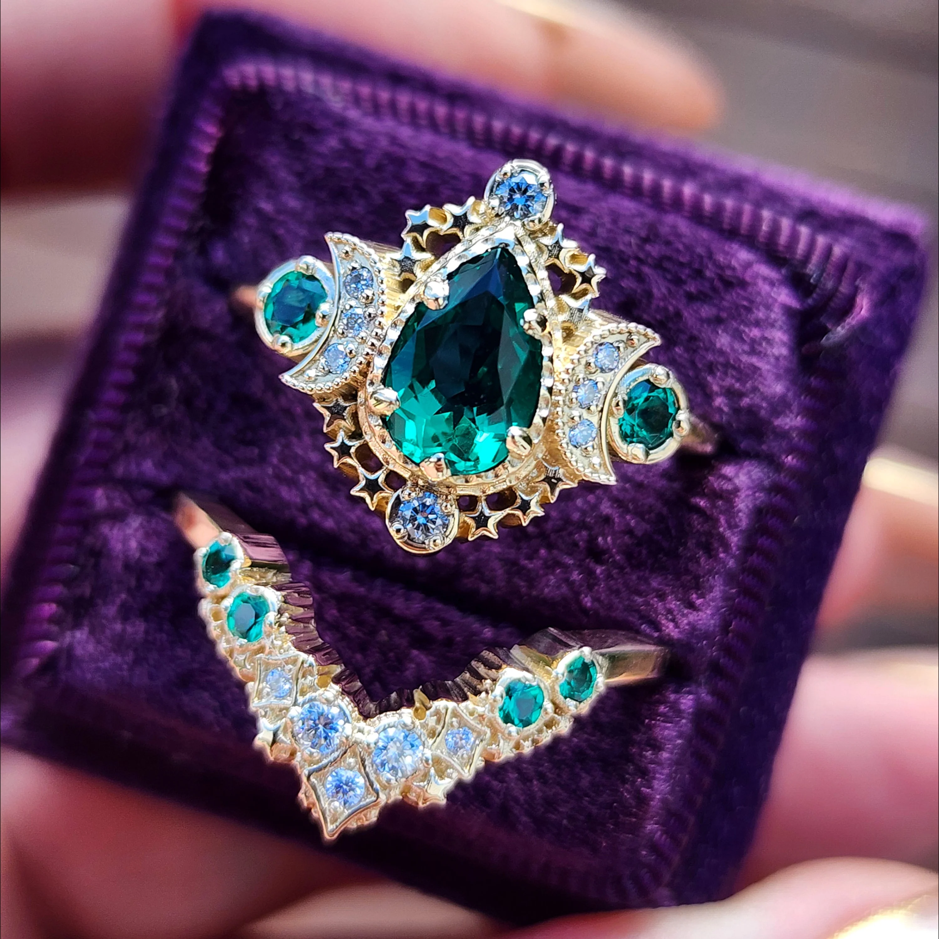Ready to Ship Size 9-11 Pear Emerald Cosmos Engagement Ring with Stardust Chevron 14k Yellow Gold - Image 6