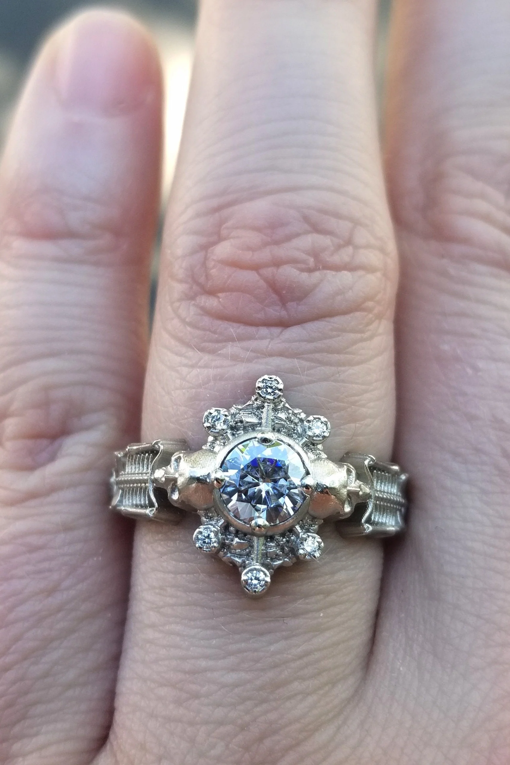 Skeleton Catacomb Ring with Moissanite & Diamond Pebble Halo - 14k Palladium White Gold - Image 4