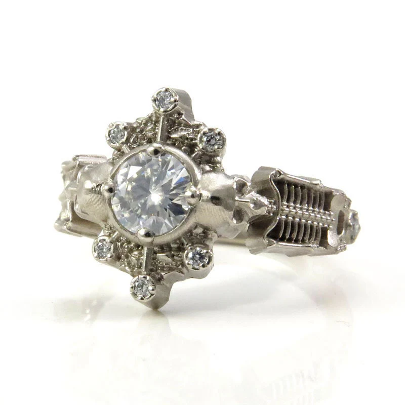 Skeleton Catacomb Ring with Moissanite & Diamond Pebble Halo - 14k Palladium White Gold - Image 9