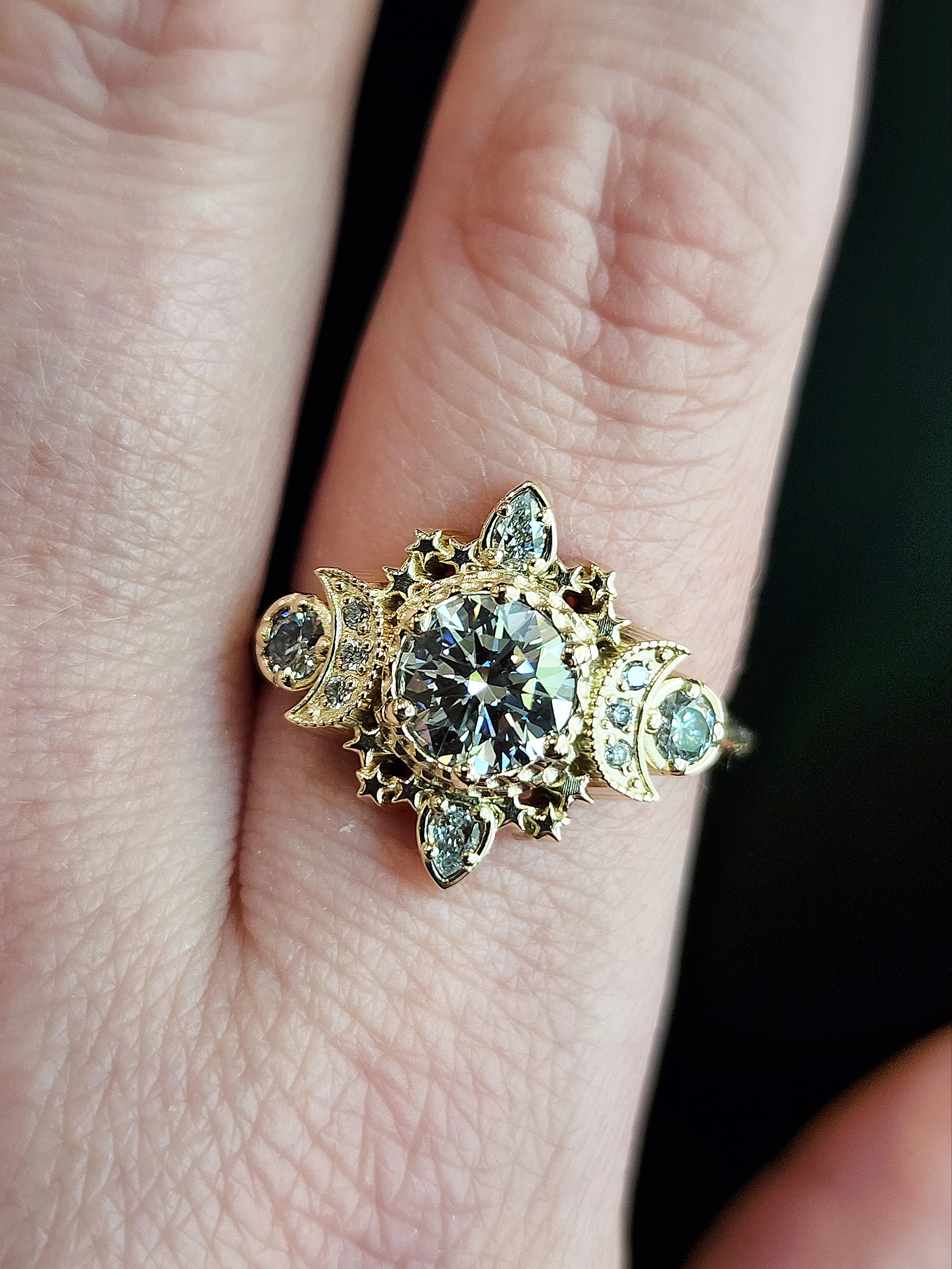 Sparkling Cosmos Moon Engagement Ring With Fancy Lab Diamonds Celestial Fantasy Handmade Ceremonial Wedding Ring - Image 7