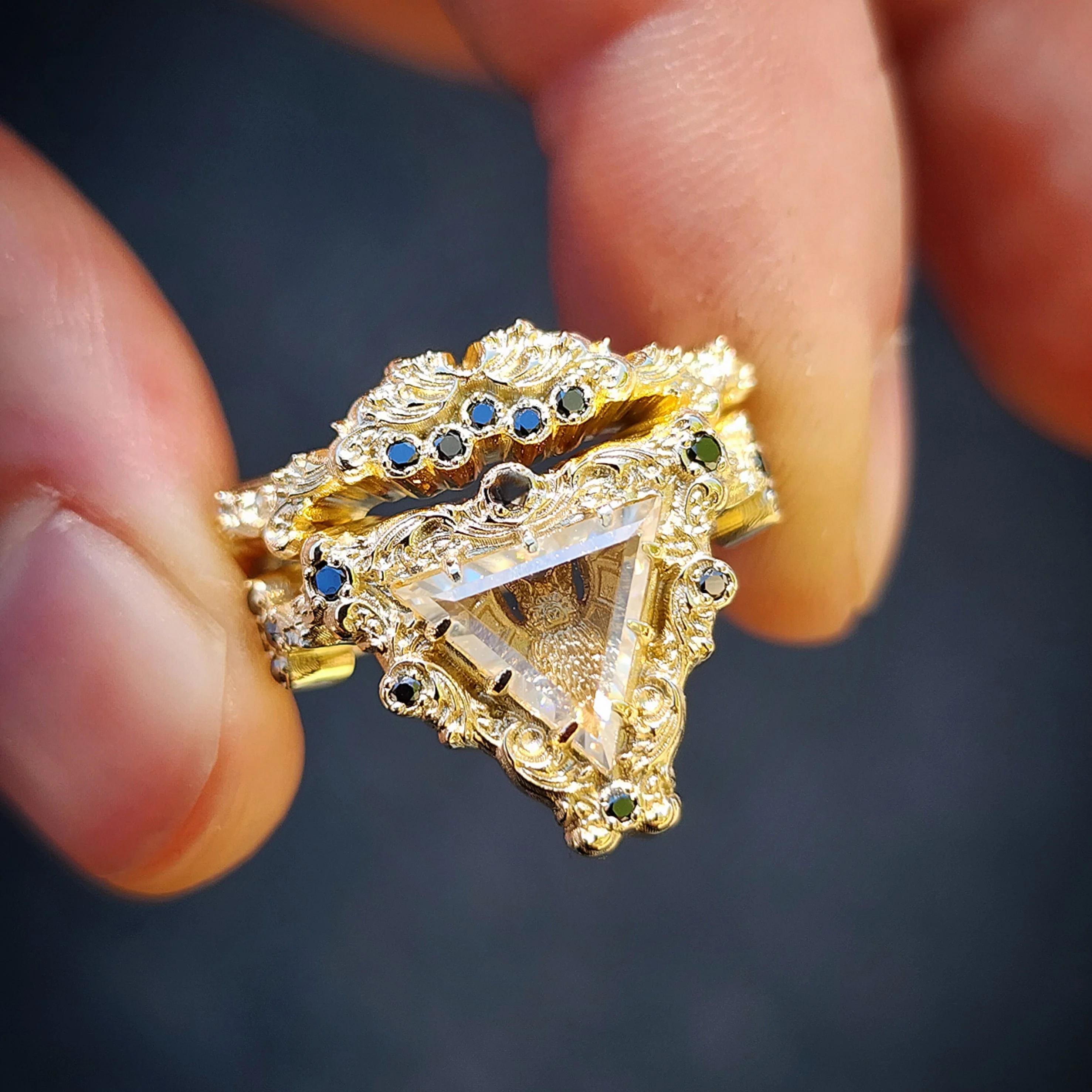 Victorian Gothic Bat Engagement Ring Shadow Box with Triangle Portrait Cut Moissanite Wedding Ring Set Baroque Scrolls with Black or White Diamonds 14k Gold Ethereal Unique Fine Jewelry - Image 3