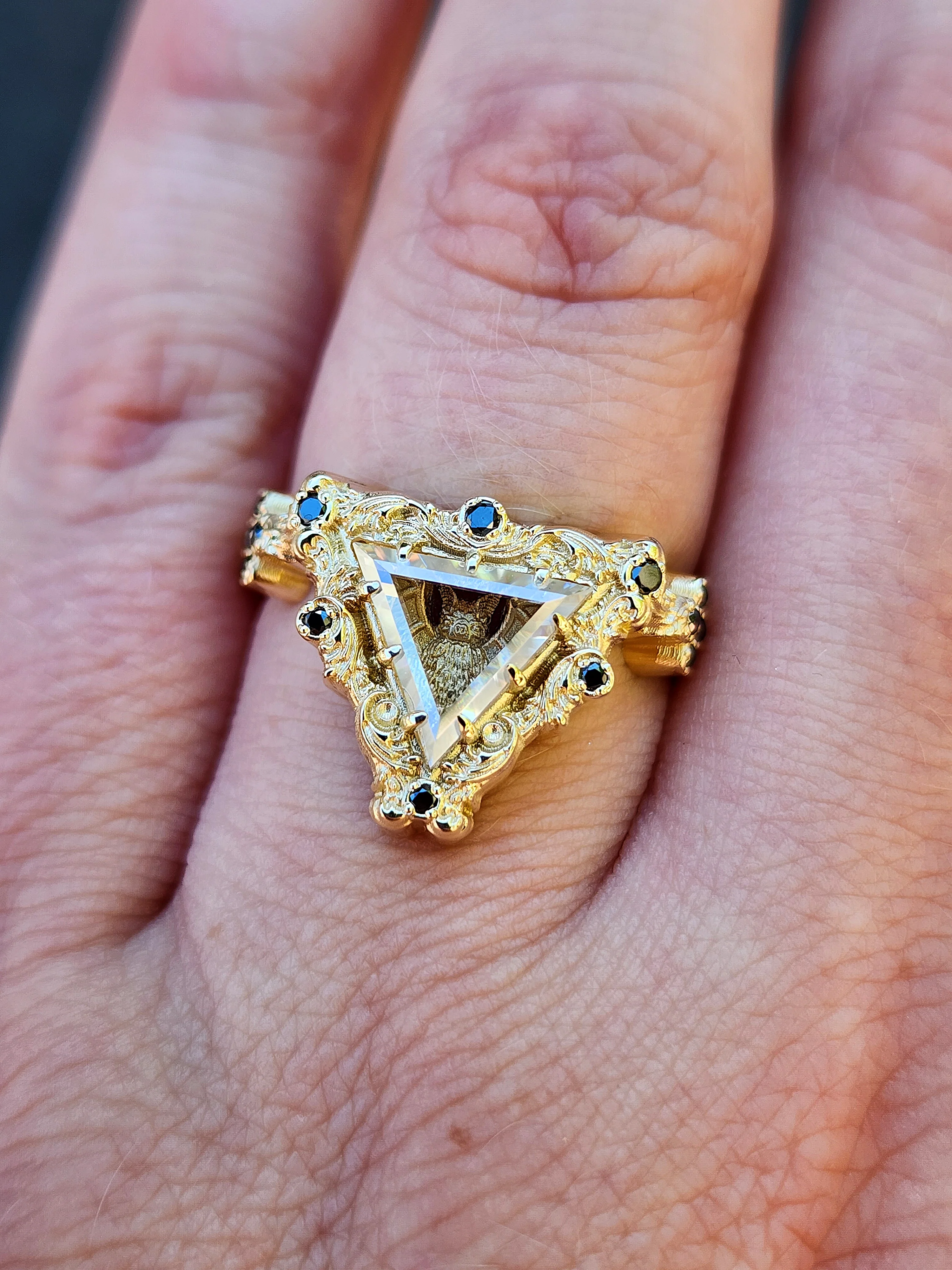 Victorian Gothic Bat Engagement Ring Shadow Box with Triangle Portrait Cut Moissanite Wedding Ring Set Baroque Scrolls with Black or White Diamonds 14k Gold Ethereal Unique Fine Jewelry - Image 5