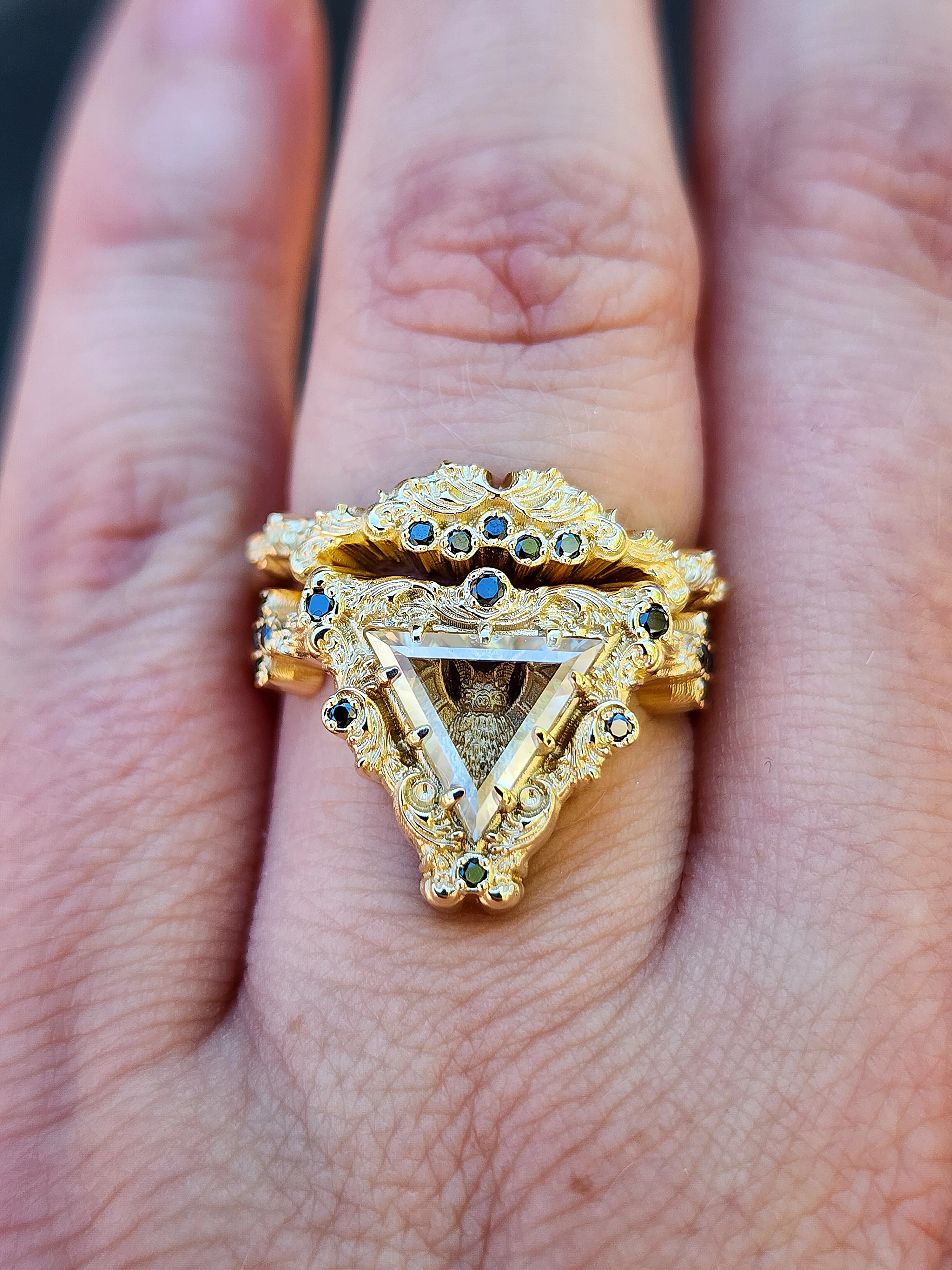 Victorian Gothic Bat Engagement Ring Shadow Box with Triangle Portrait Cut Moissanite Wedding Ring Set Baroque Scrolls with Black or White Diamonds 14k Gold Ethereal Unique Fine Jewelry - Image 7