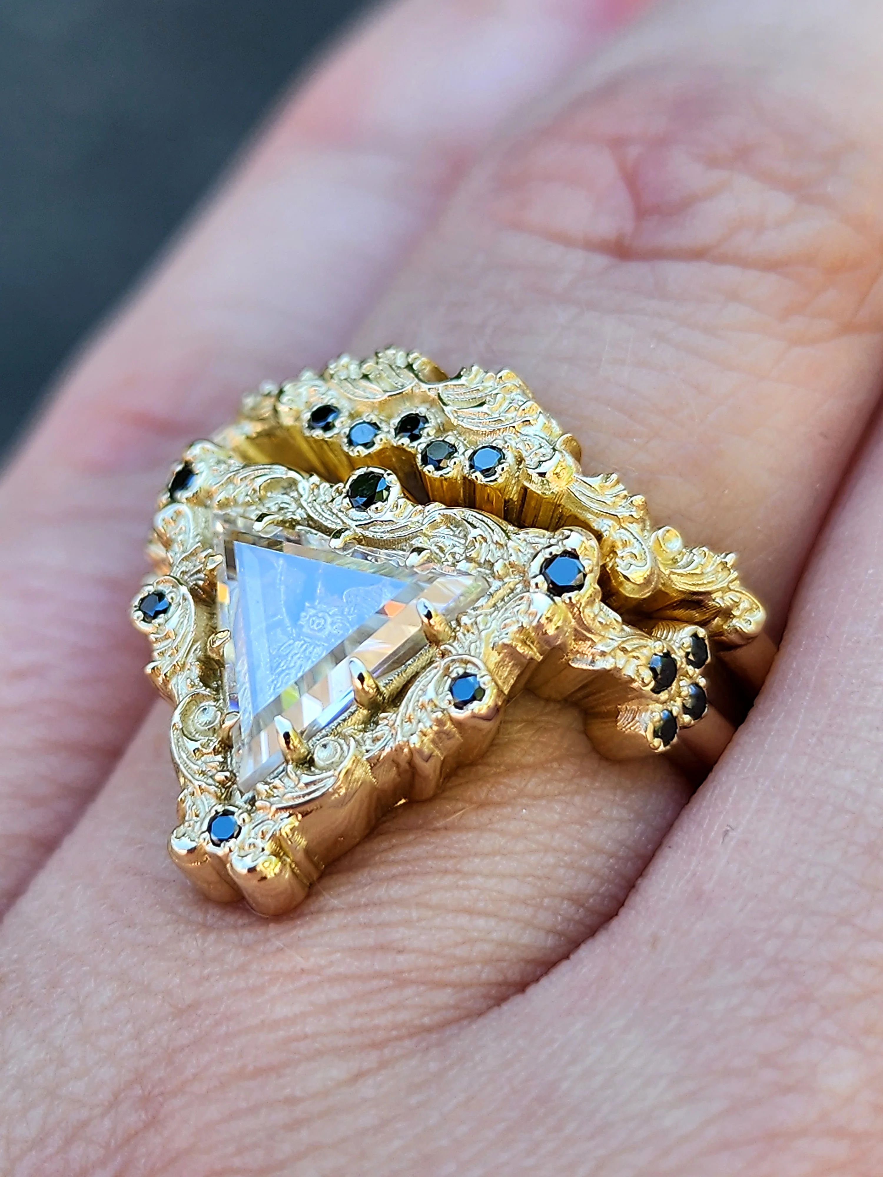 Victorian Gothic Bat Engagement Ring Shadow Box with Triangle Portrait Cut Moissanite Wedding Ring Set Baroque Scrolls with Black or White Diamonds 14k Gold Ethereal Unique Fine Jewelry - Image 8
